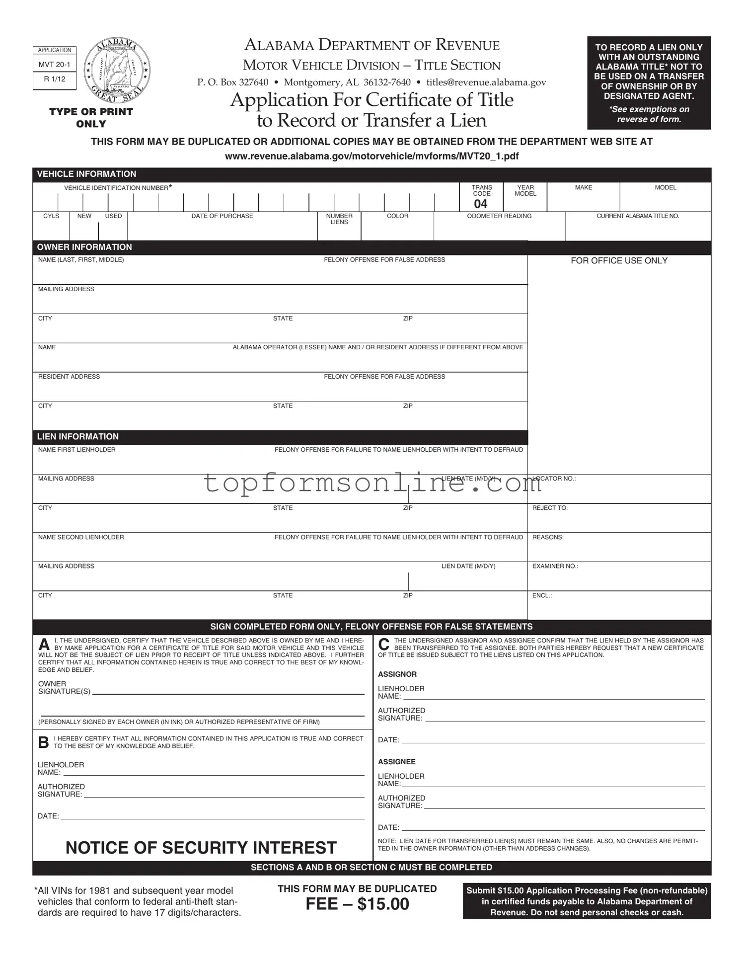 Fill Out a Valid Alabama Mvt 20 1 Form