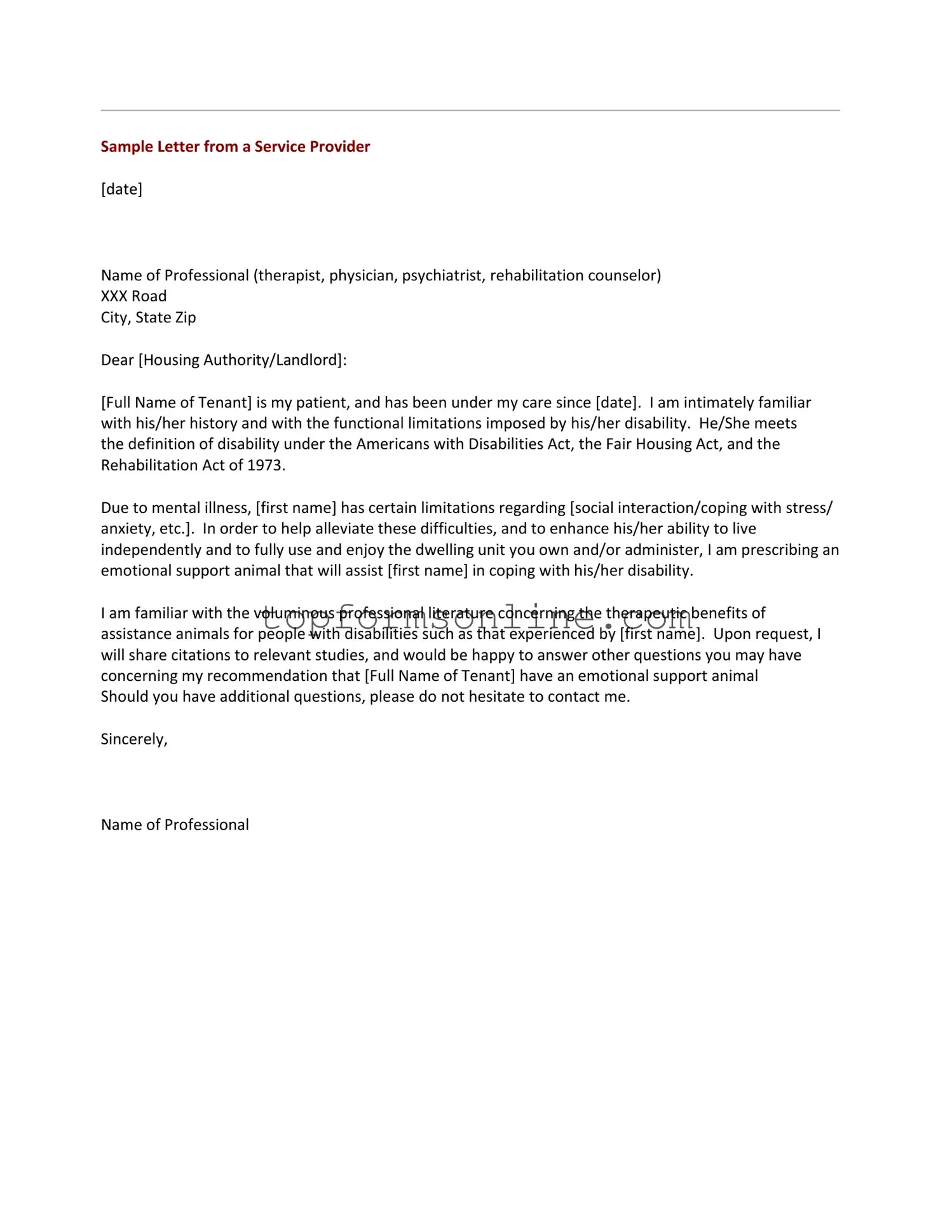 Fill Out a Valid Emotional Support Animal Letter Form