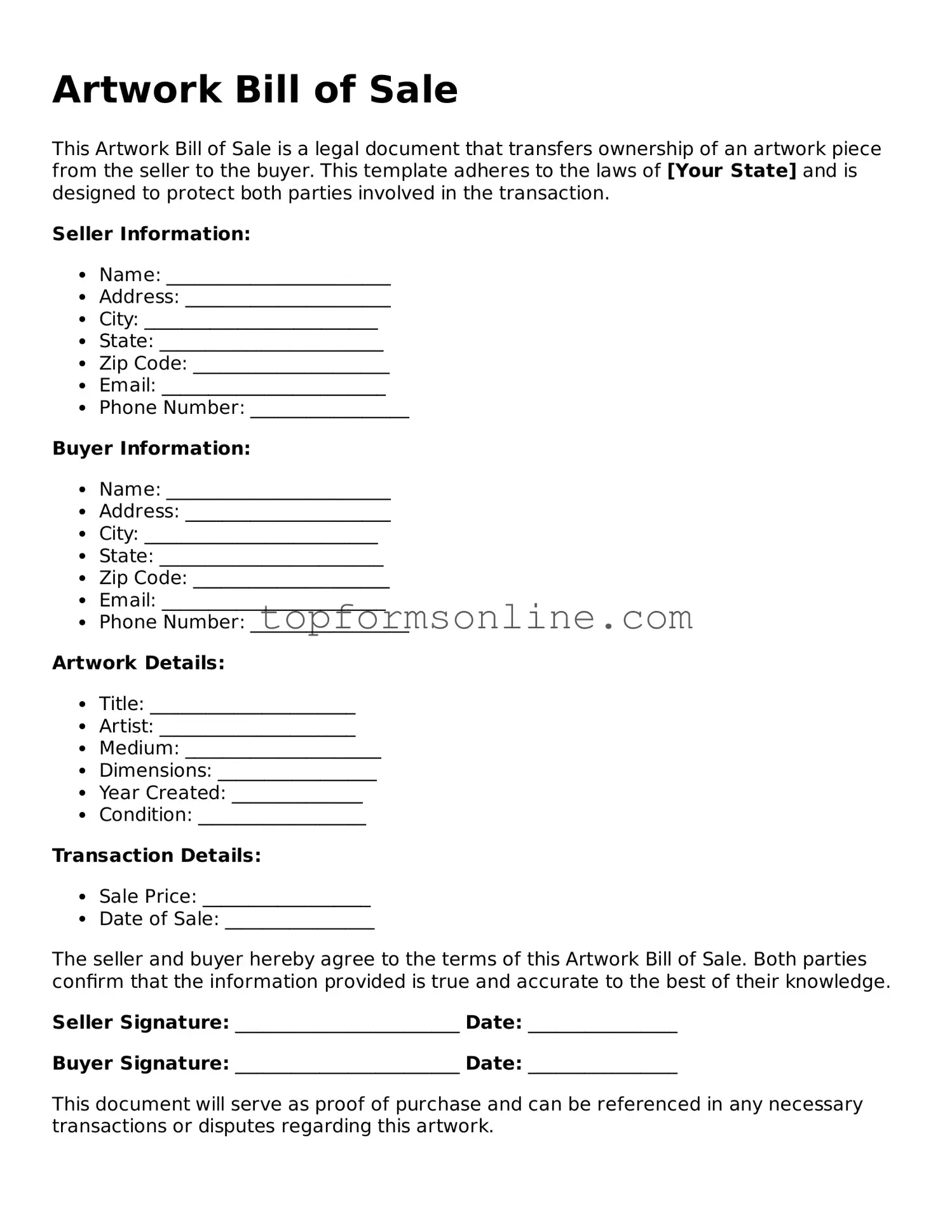 Valid Artwork Bill of Sale Template