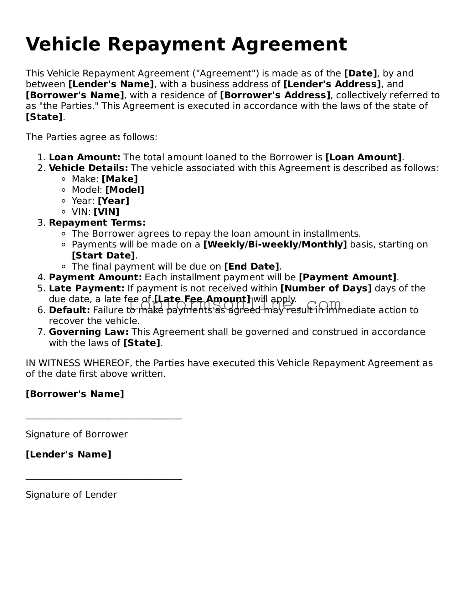 Valid Vehicle Repayment Agreement Template