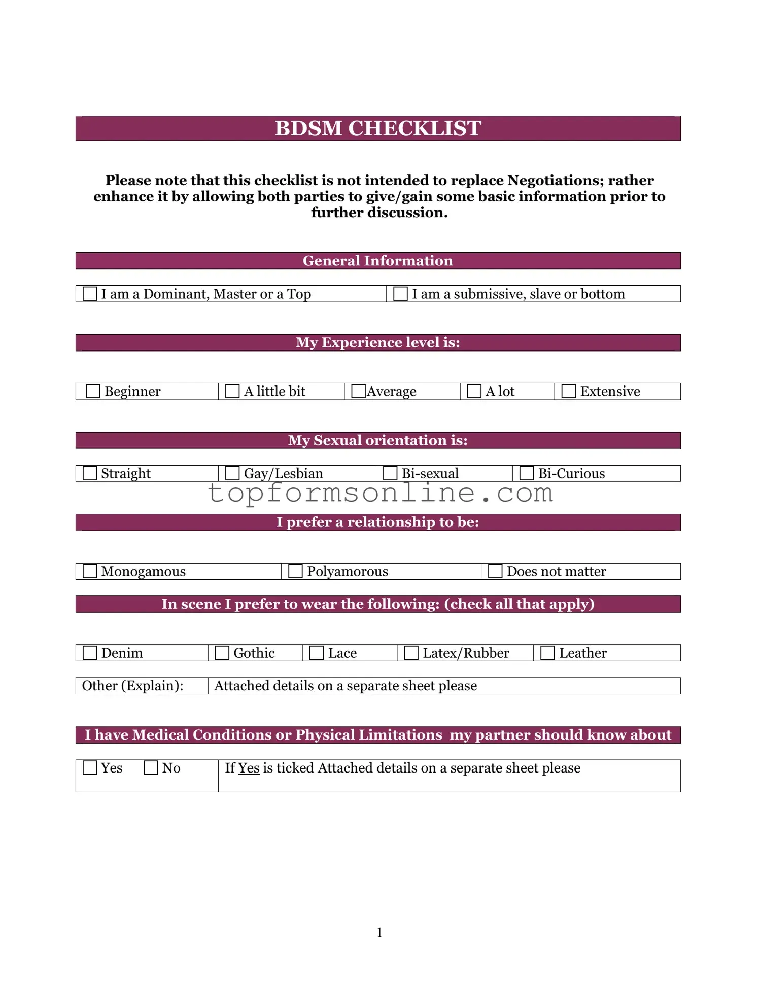 Fill Out a Valid Bdsm Checklist Form
