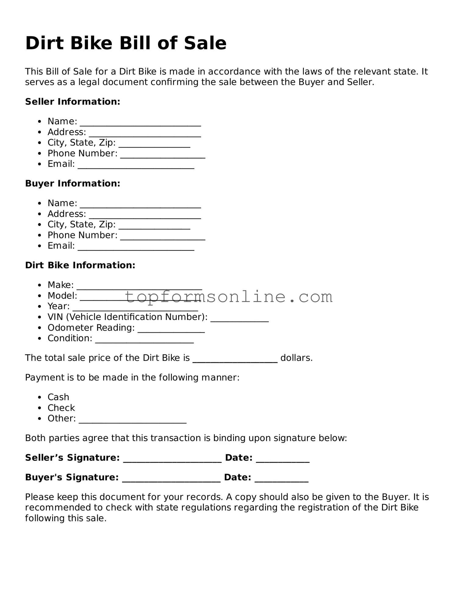 Valid Dirt Bike Bill of Sale Template