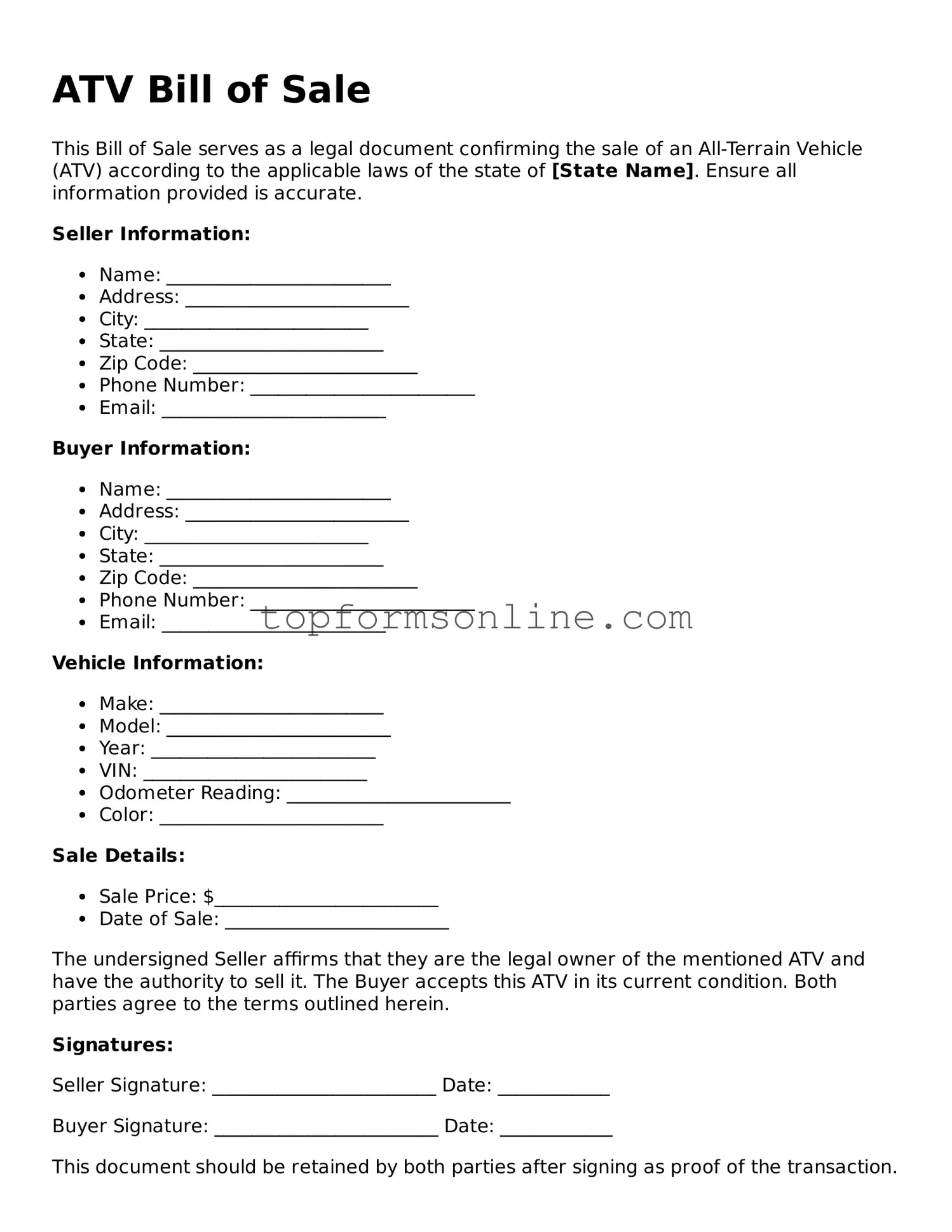 Valid ATV Bill of Sale Template