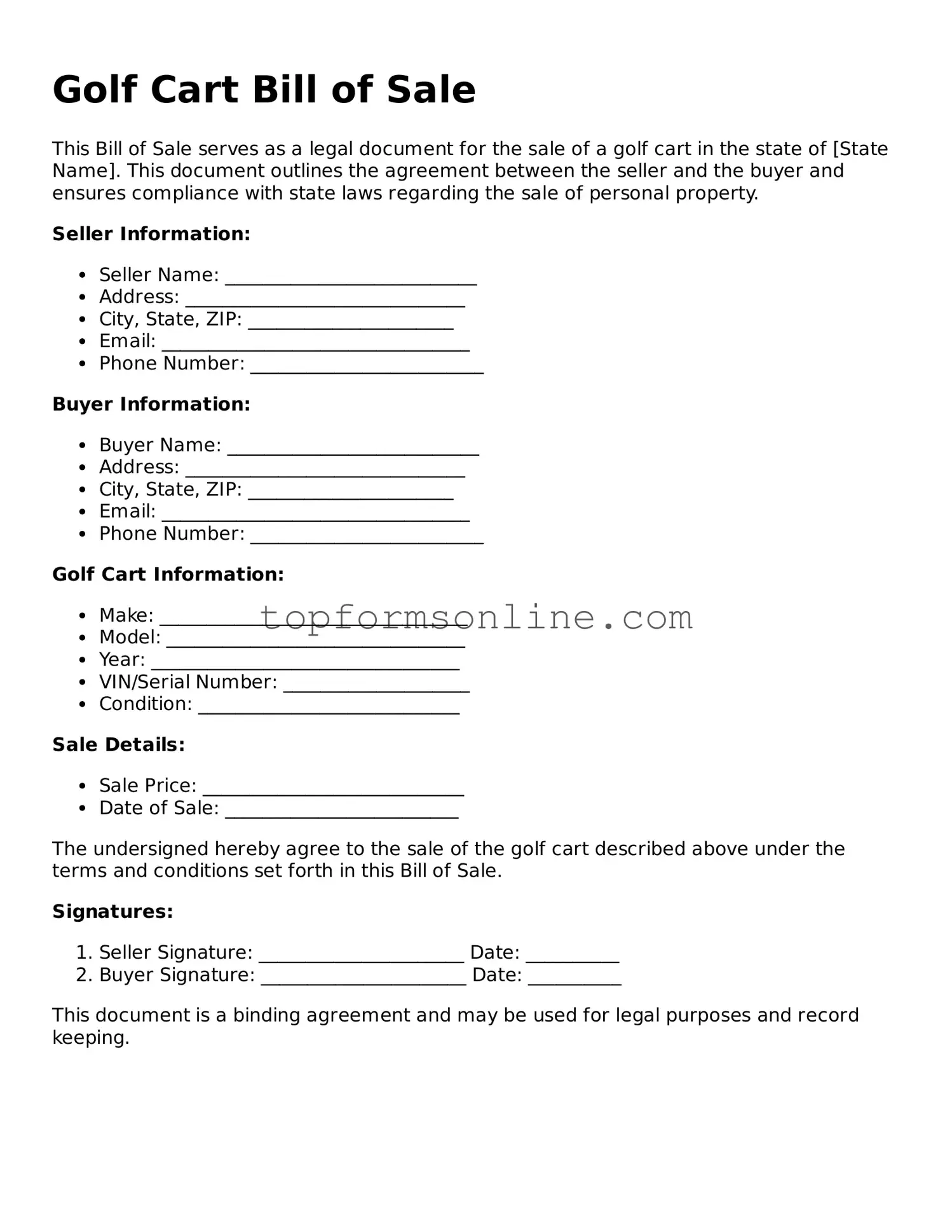 Valid Golf Cart Bill of Sale Template