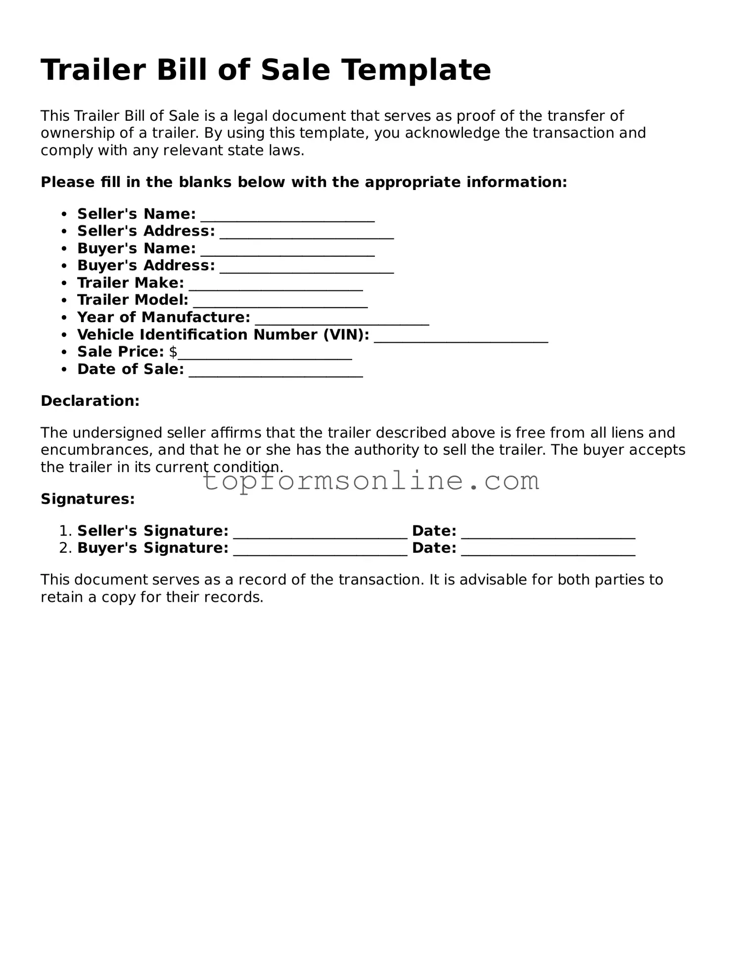 Valid Trailer Bill of Sale Template