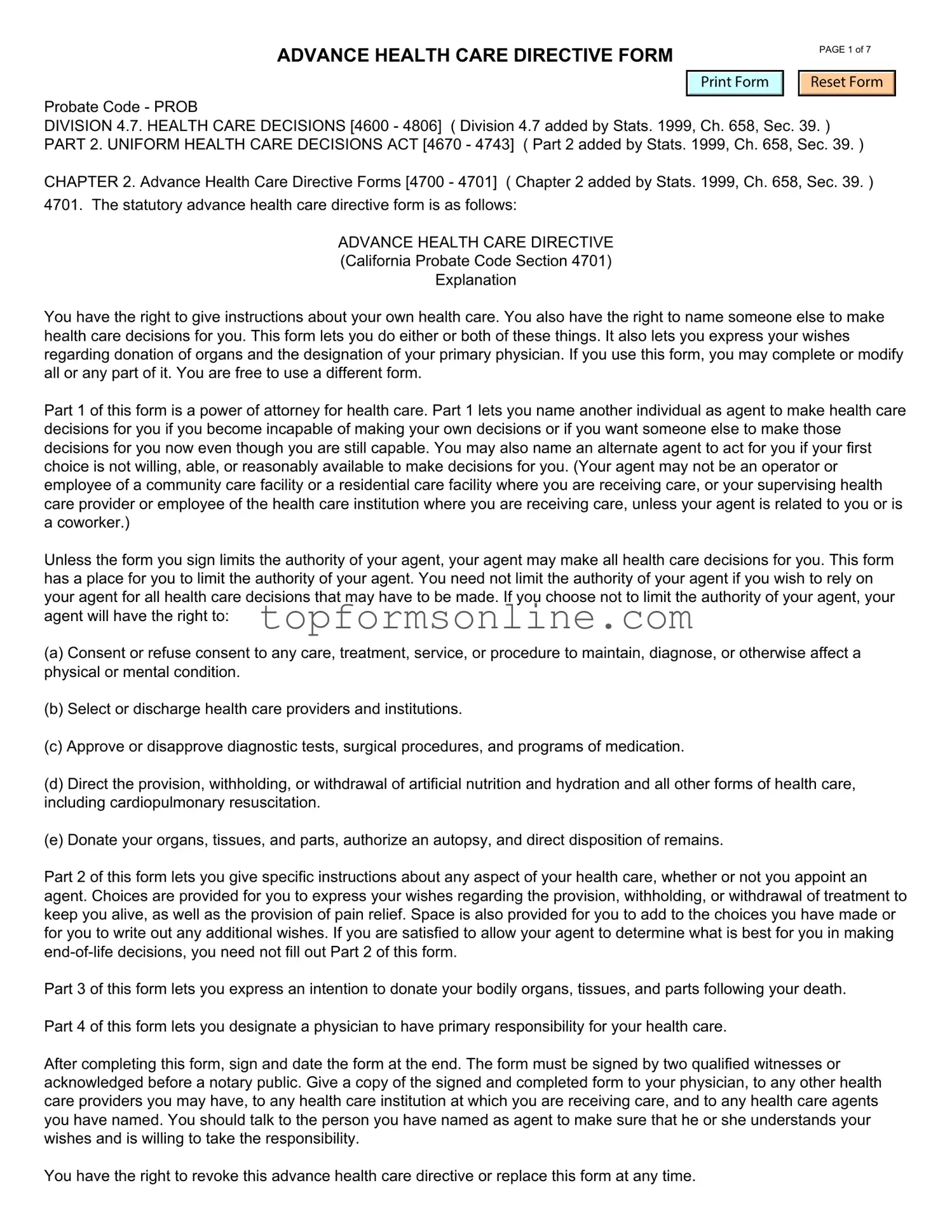 Fill Out a Valid California Advanced Health Care Directive Form