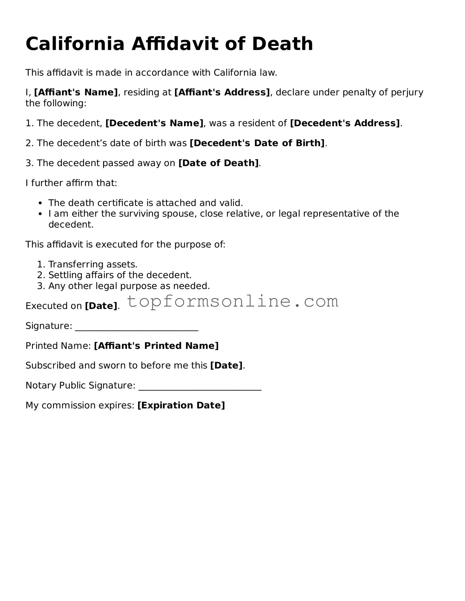 Printable California Affidavit of Death Template
