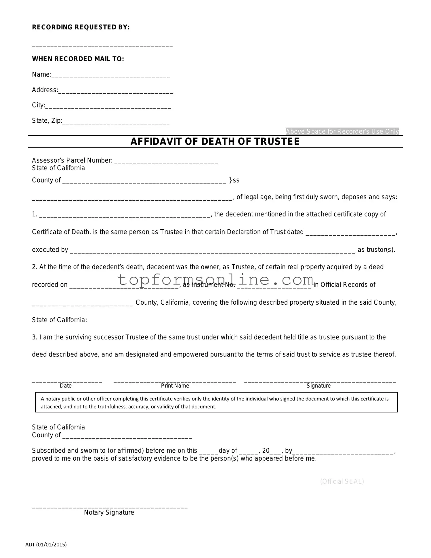 Fill Out a Valid California Affidavit of Death of a Trustee Form