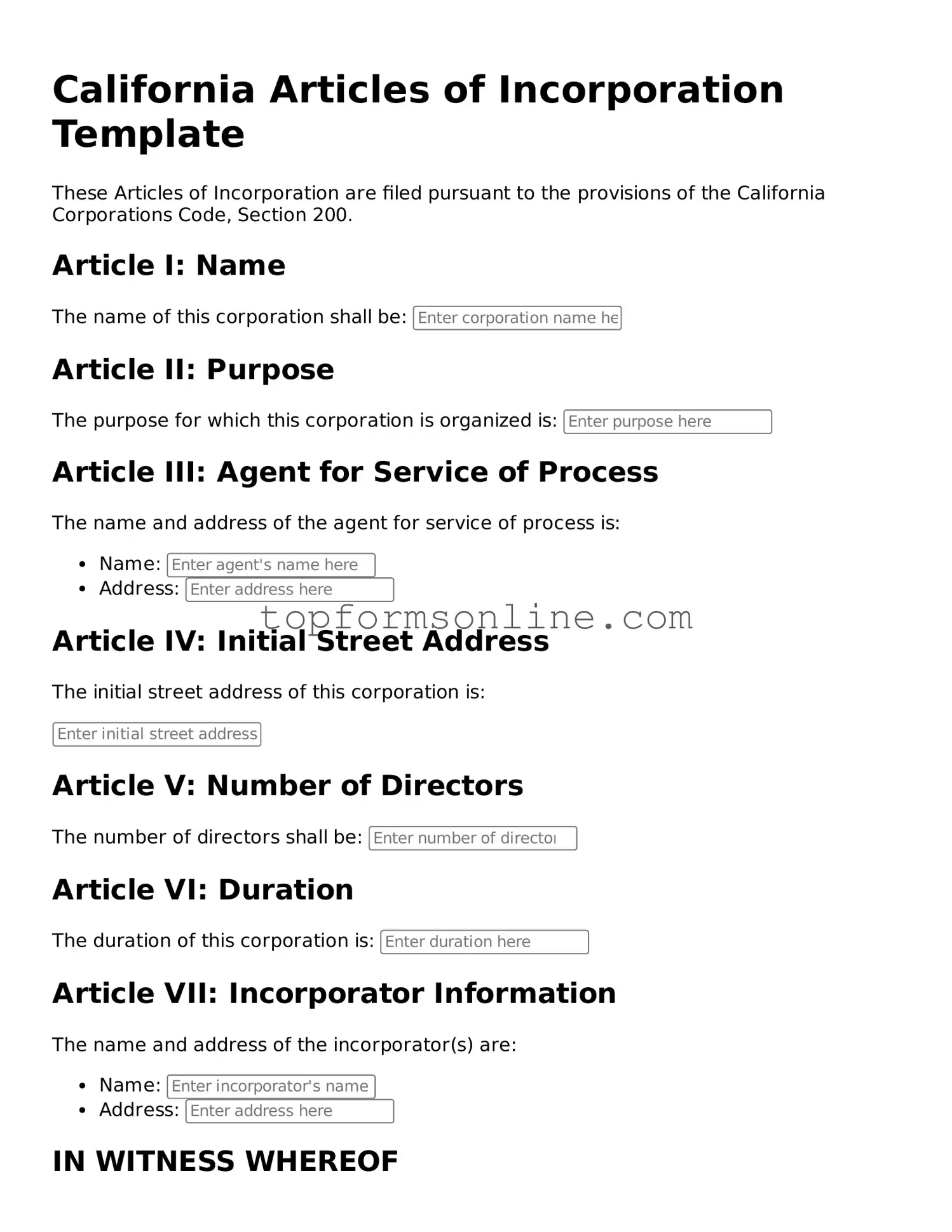 Printable California Articles of Incorporation Template