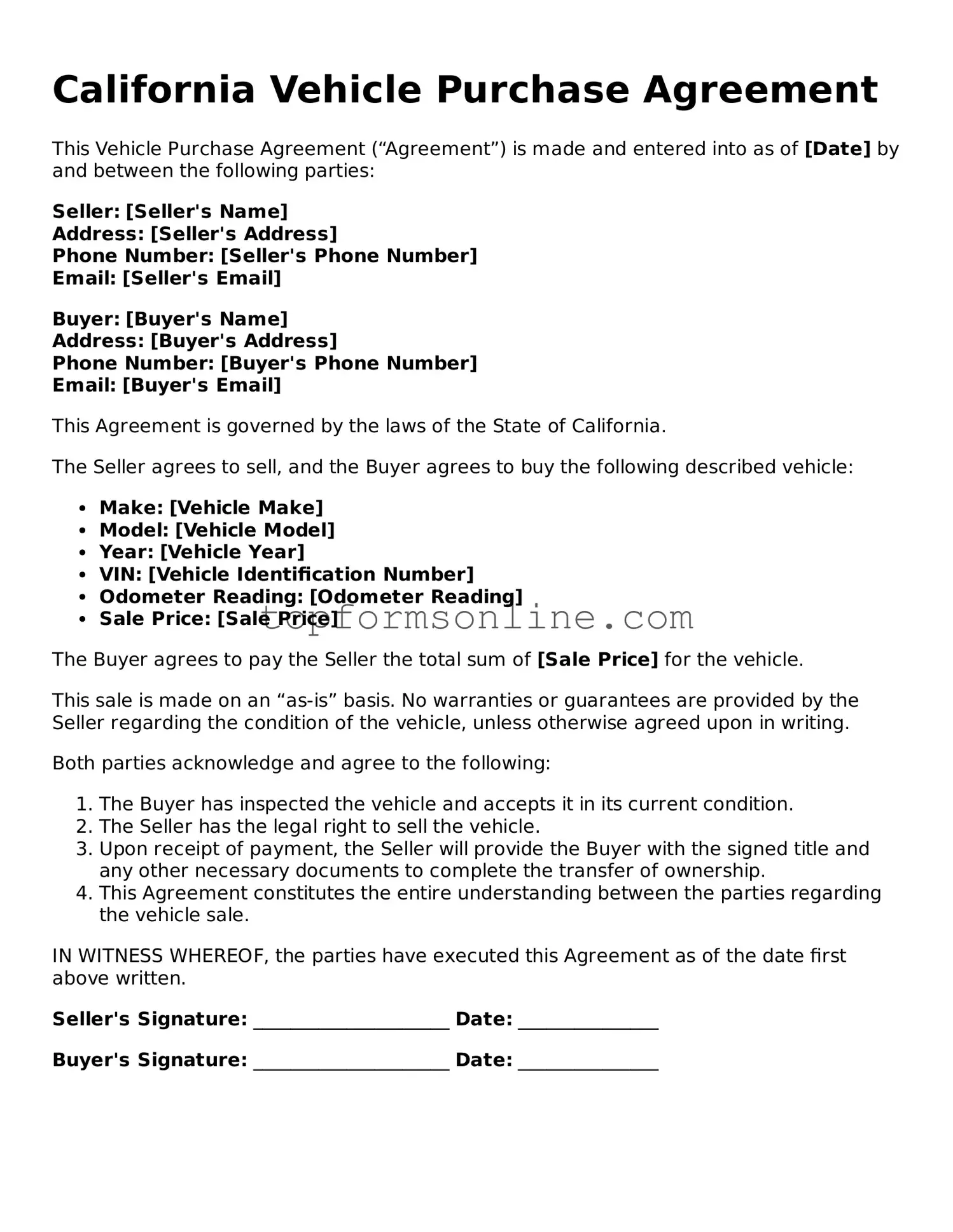 Printable California Vehicle Purchase Agreement Template