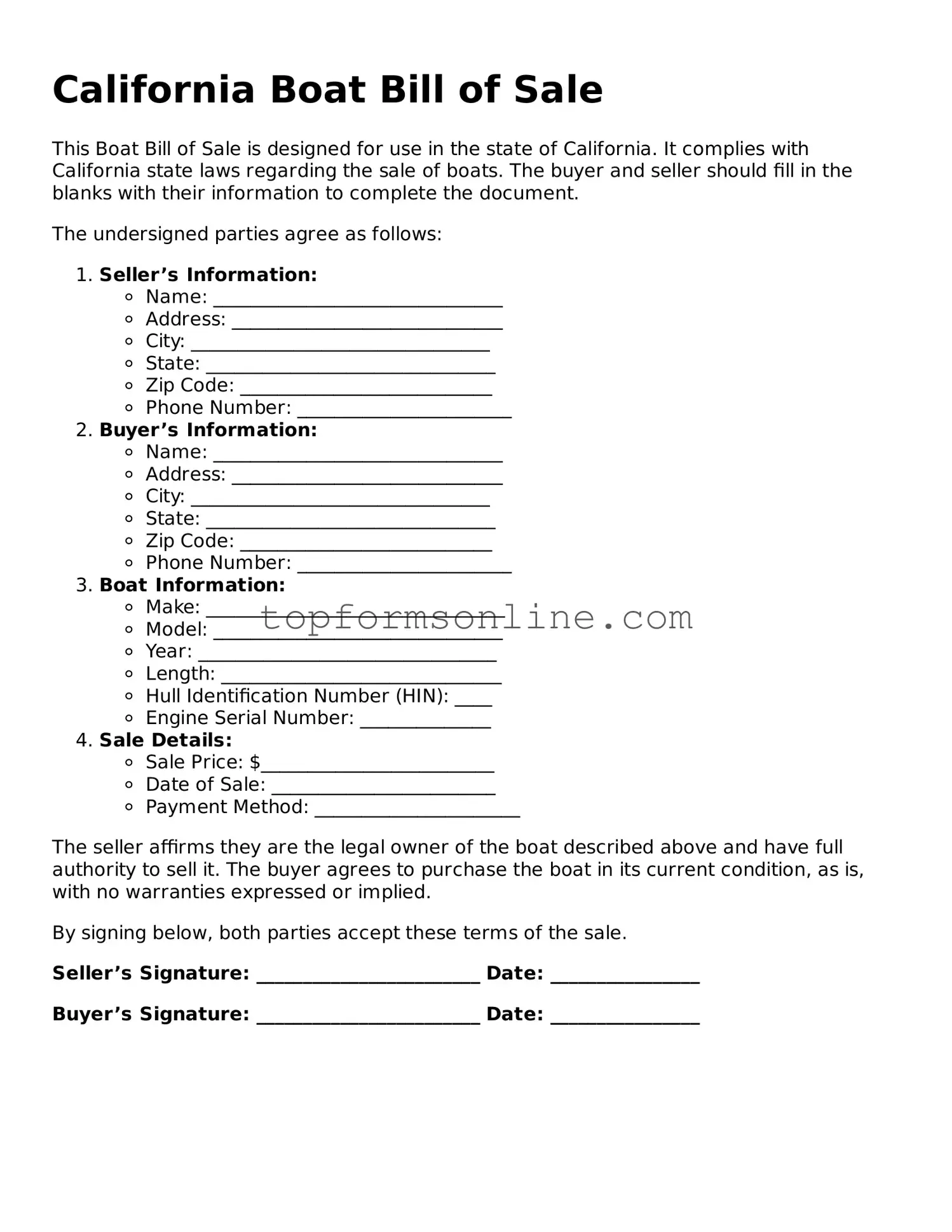 Printable California Boat Bill of Sale Template