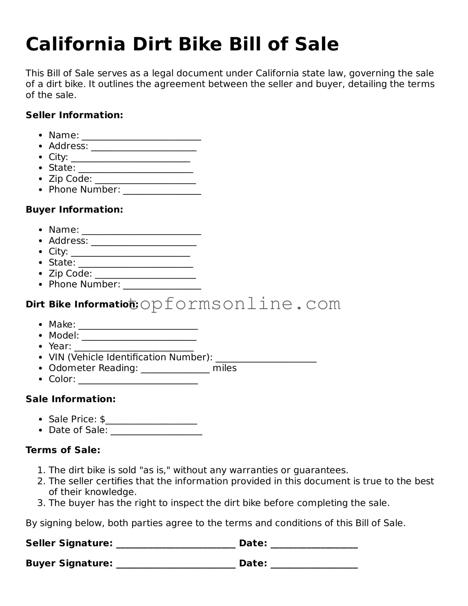 Printable California Dirt Bike Bill of Sale Template