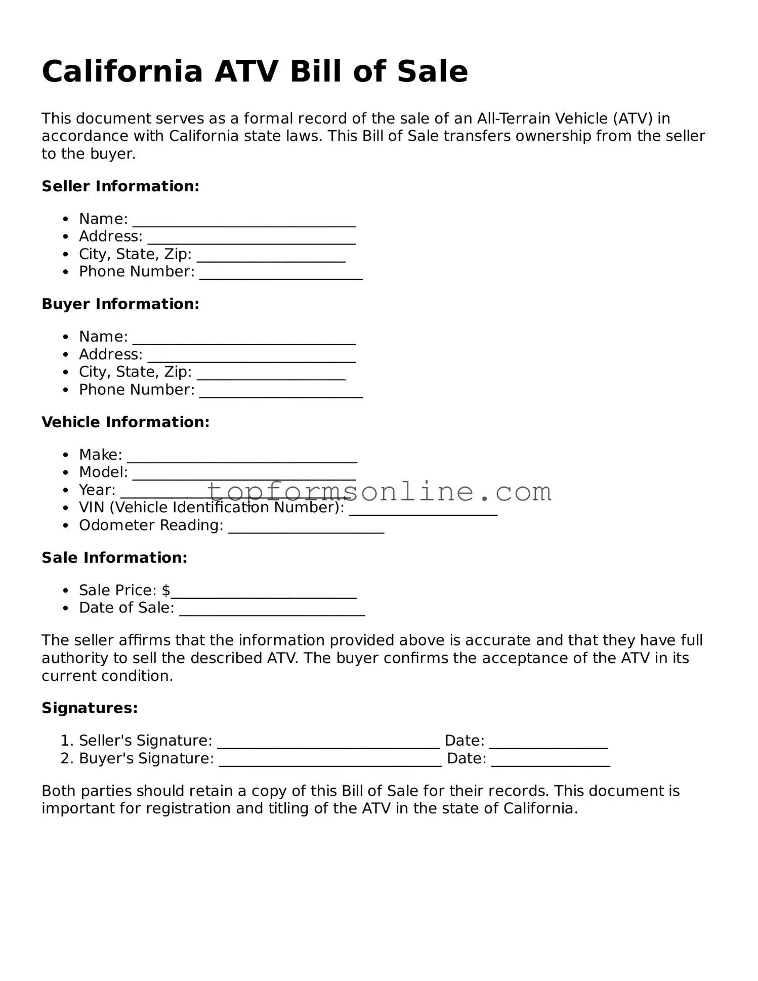 Printable California ATV Bill of Sale Template