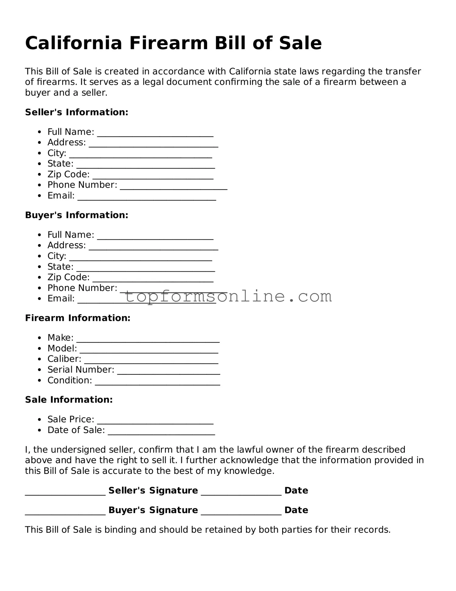 Printable California Firearm Bill of Sale Template