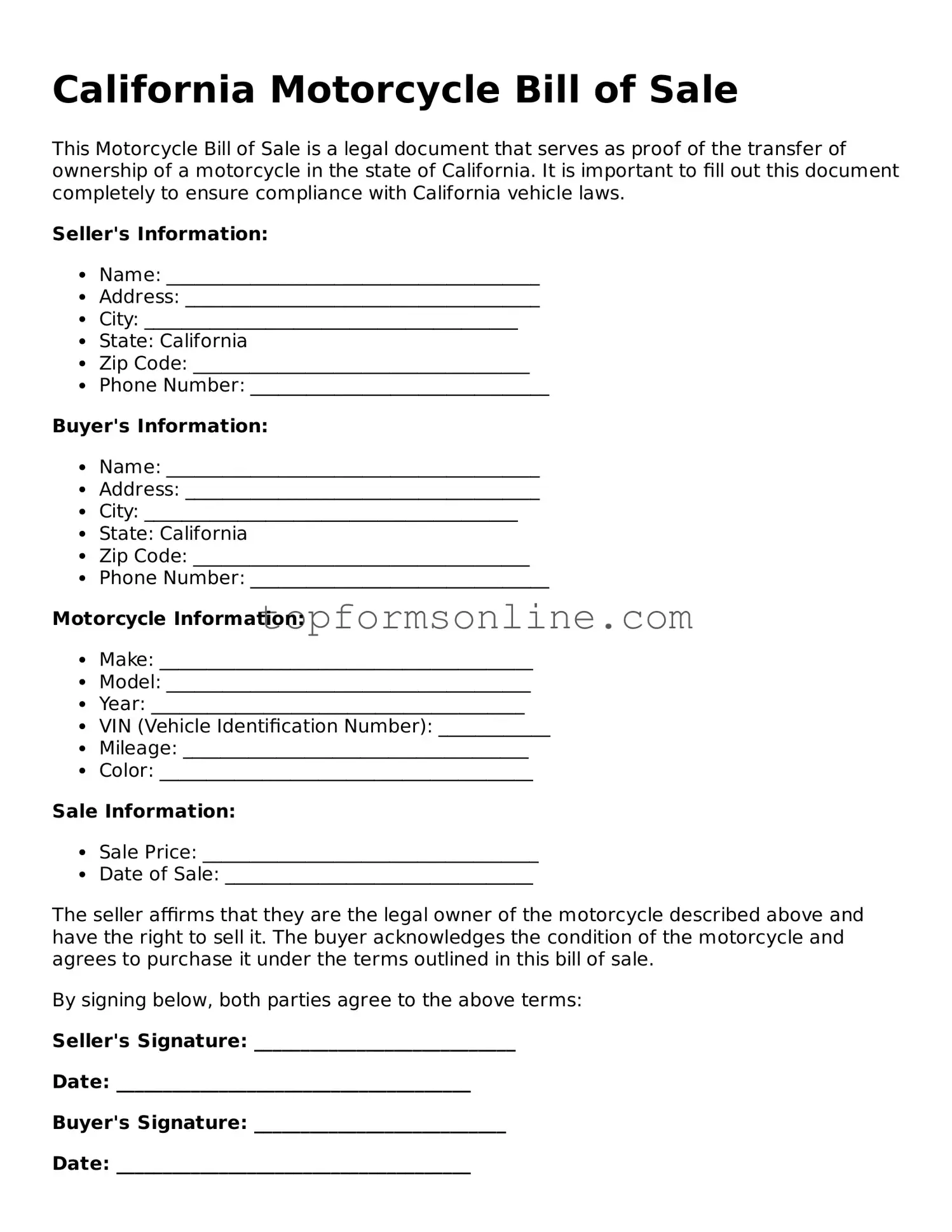 Printable California Motorcycle Bill of Sale Template