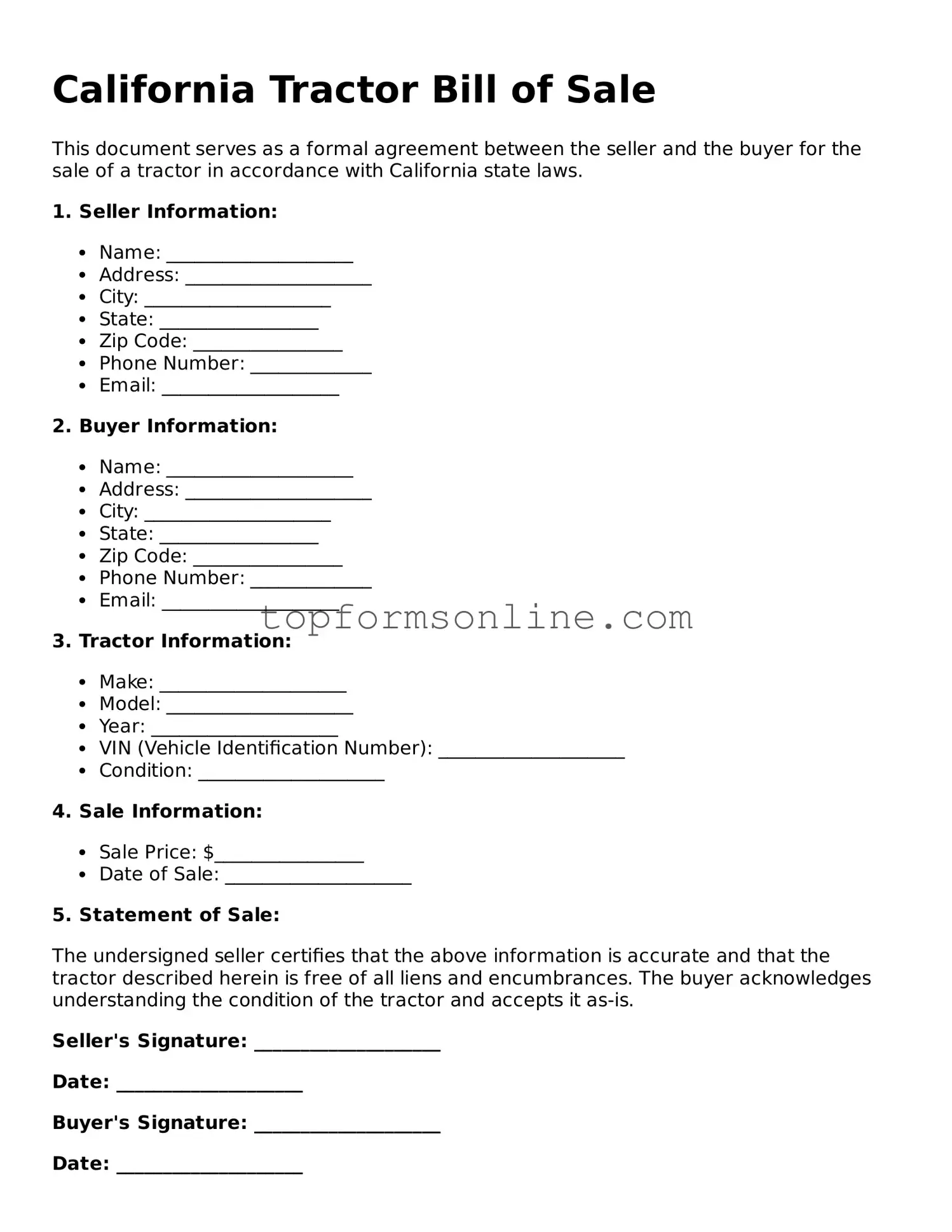 Printable California Tractor Bill of Sale Template