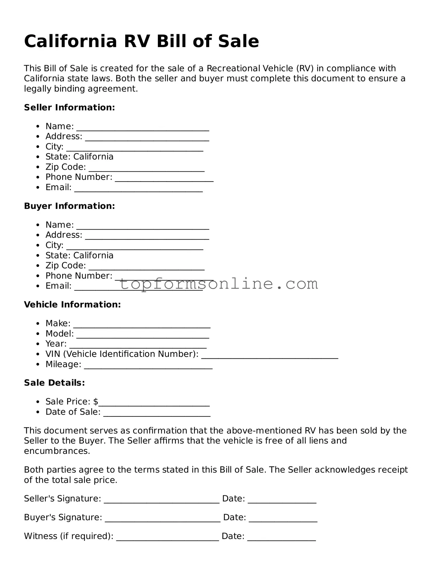 Printable California RV Bill of Sale Template