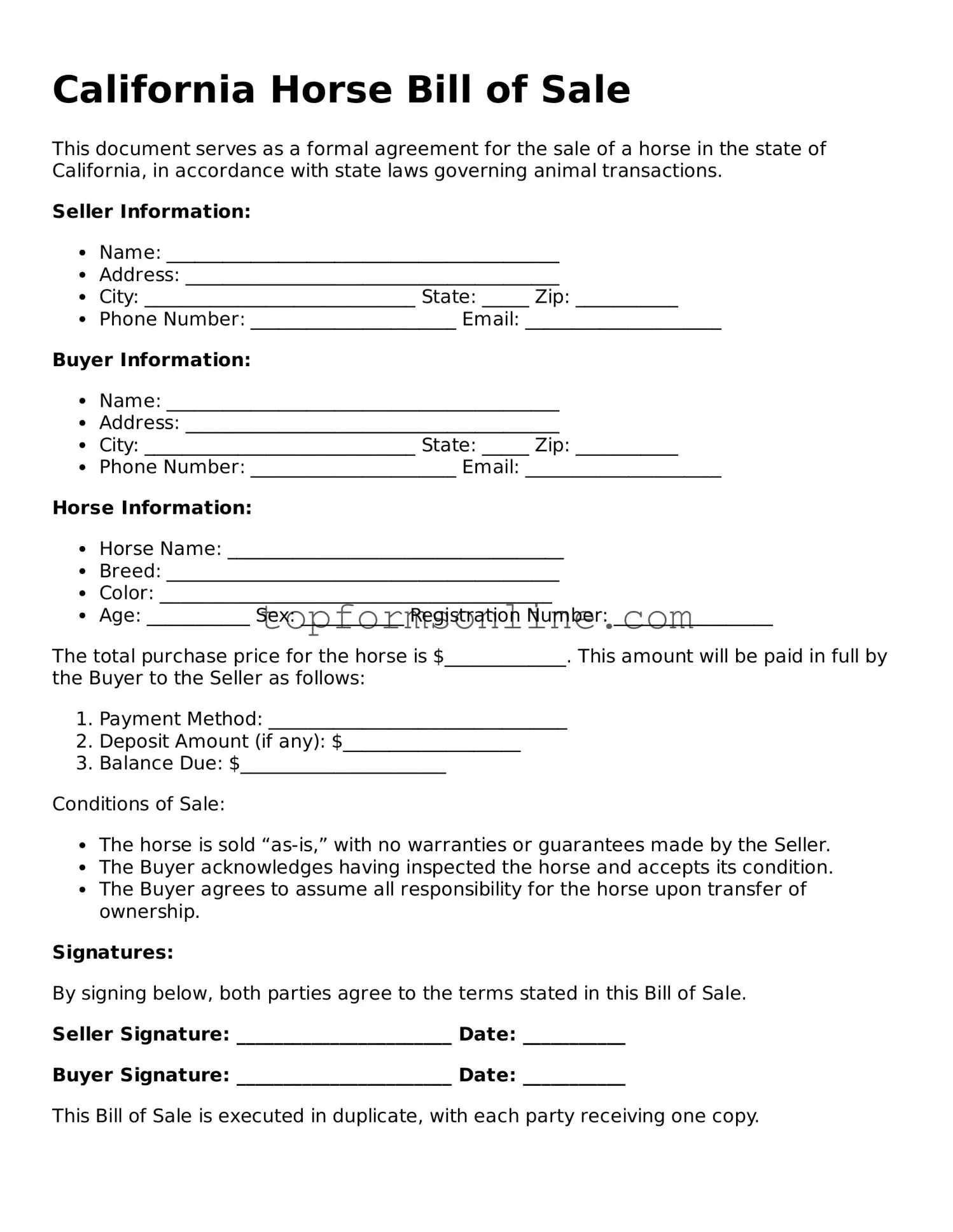 Printable California Horse Bill of Sale Template