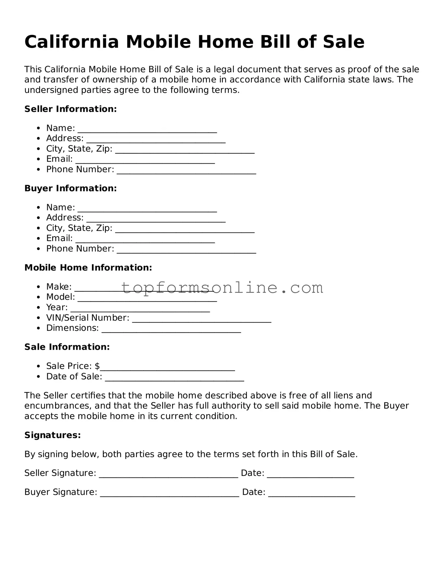 Printable California Mobile Home Bill of Sale Template