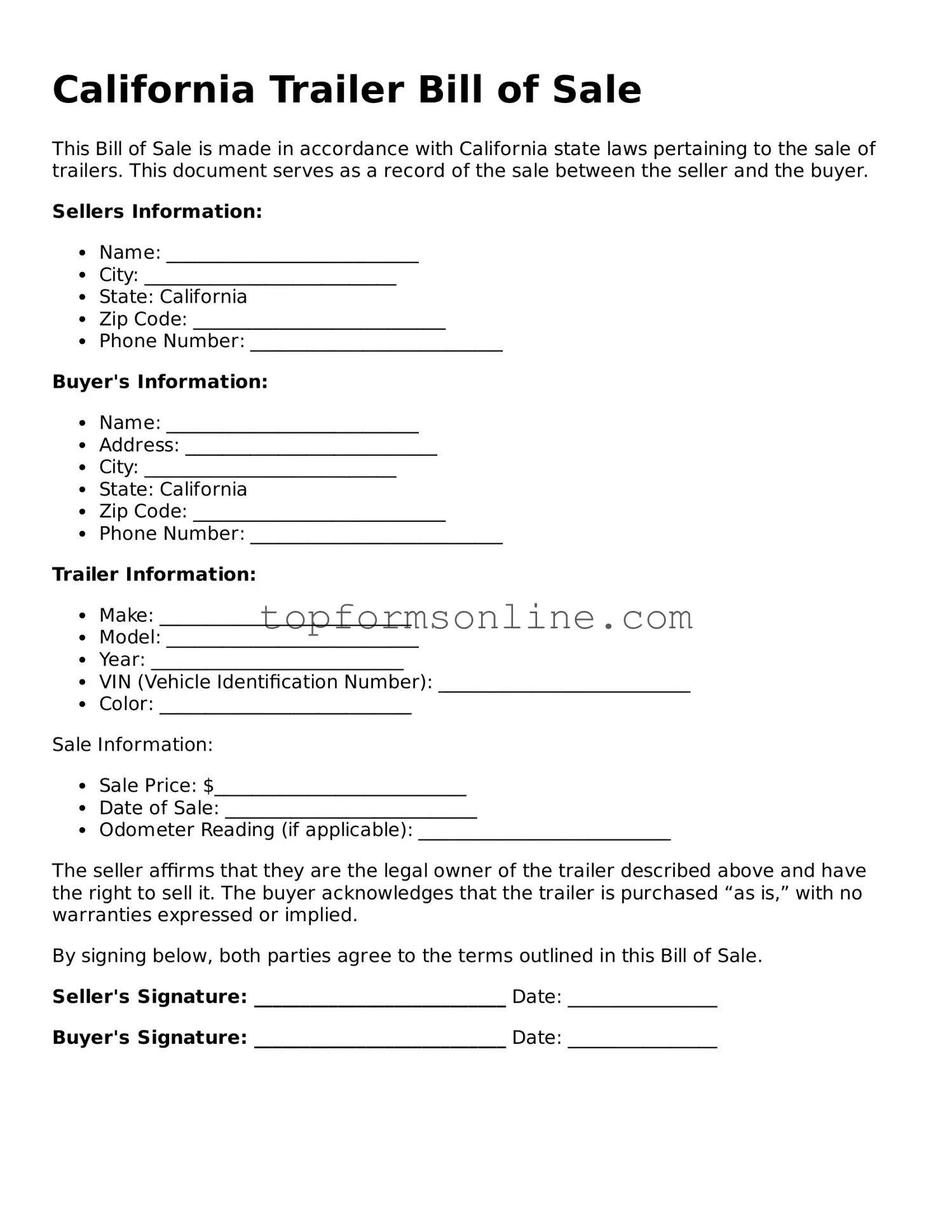 Printable California Trailer Bill of Sale Template
