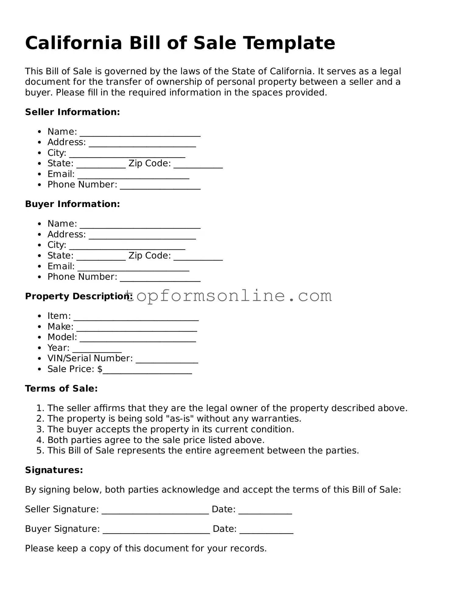 Printable California Bill of Sale Template