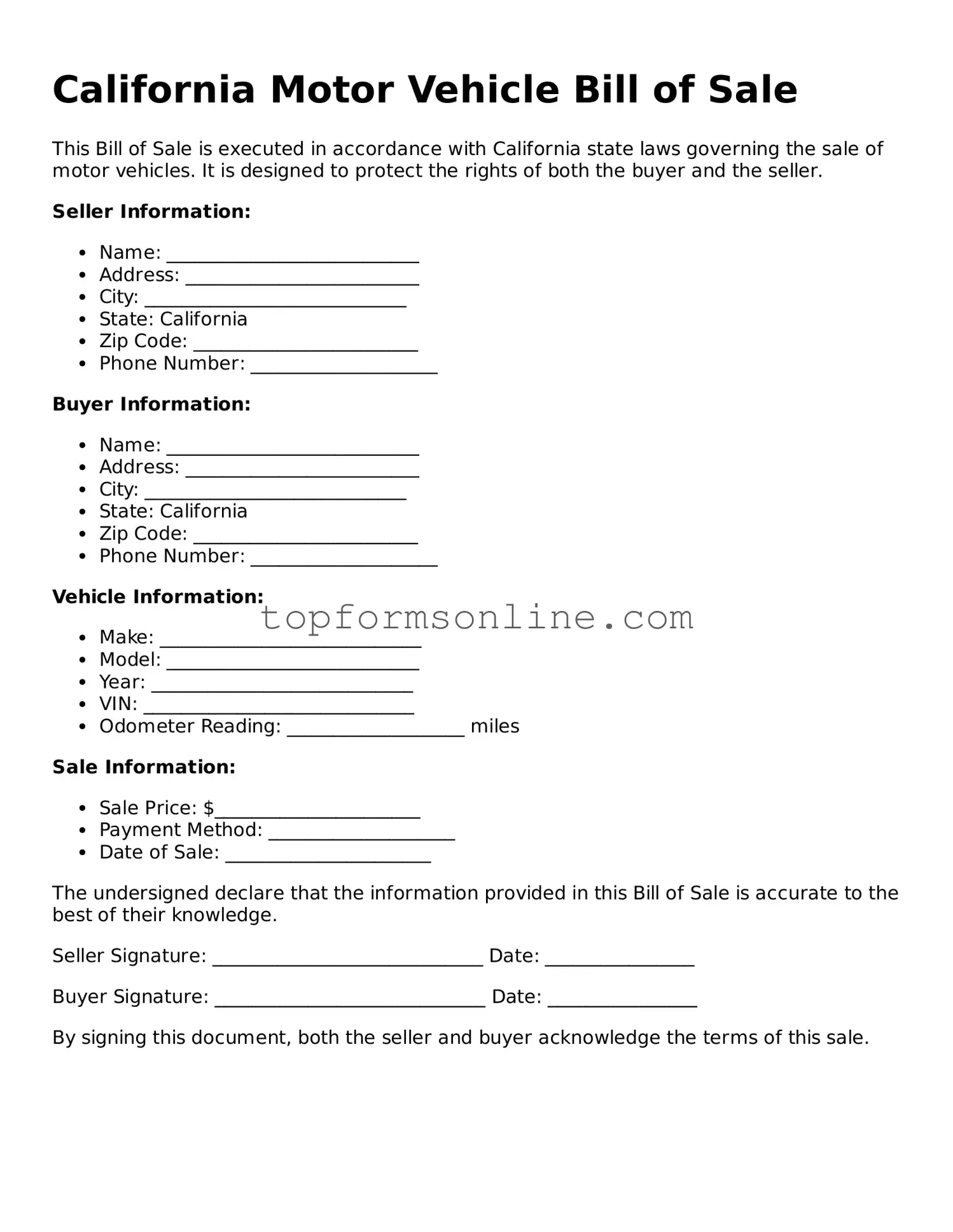 Printable California Motor Vehicle Bill of Sale Template