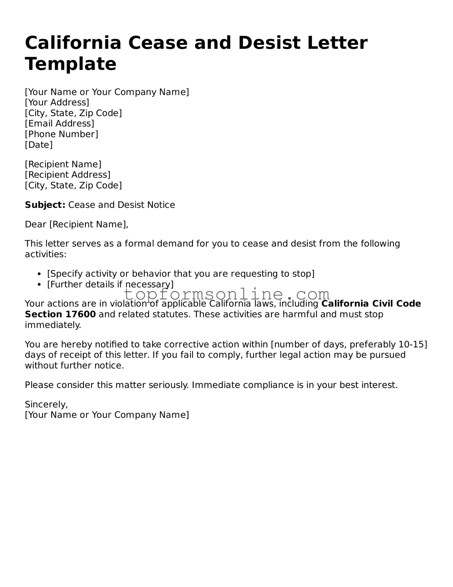 Printable California Cease and Desist Letter Template