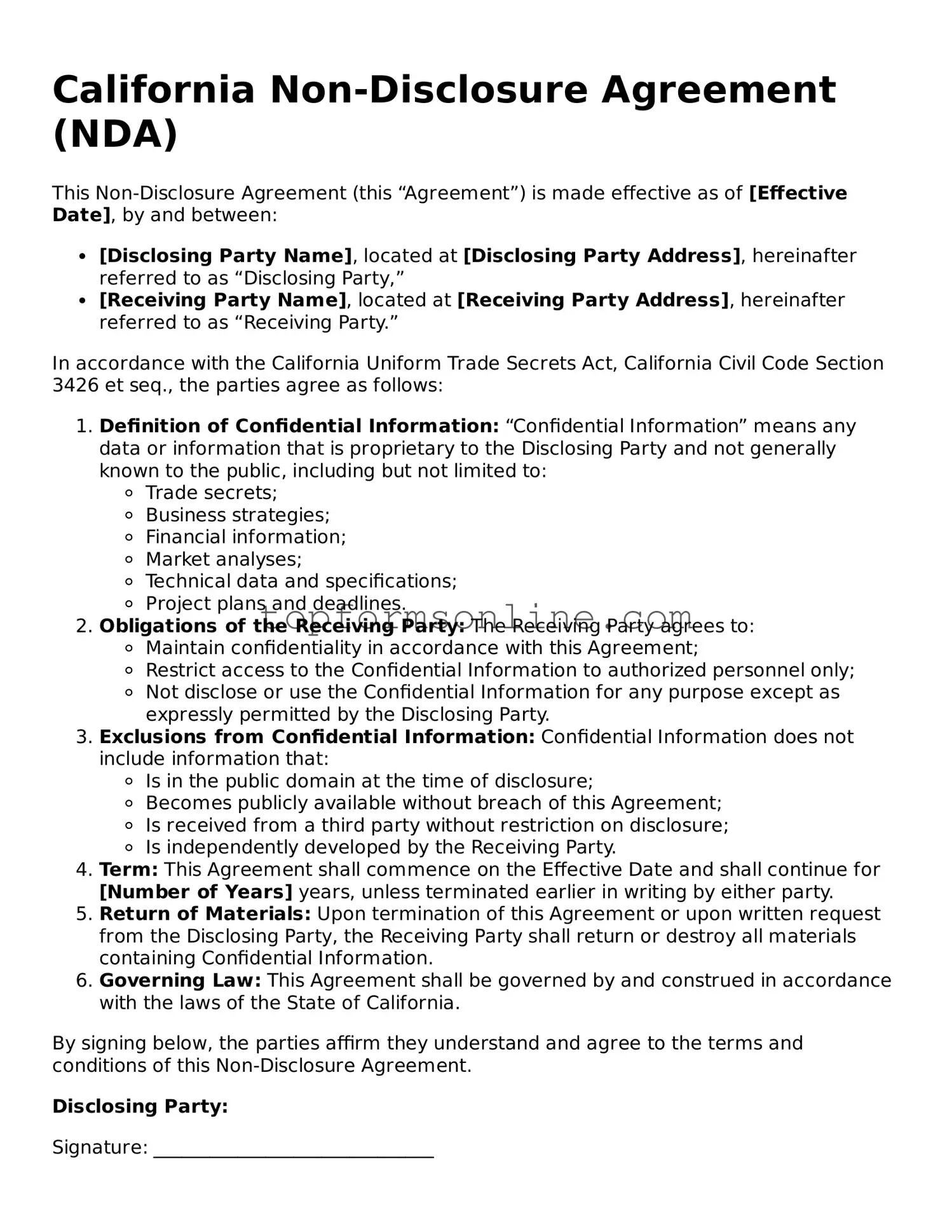 Printable California Non-disclosure Agreement Template