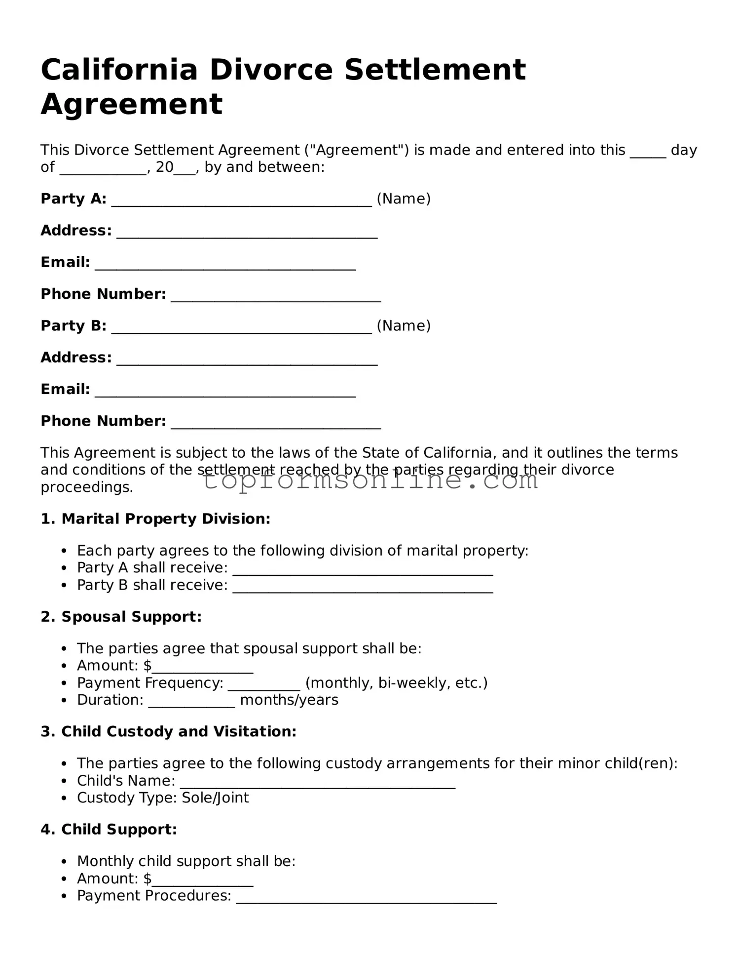 Printable California Divorce Settlement Agreement Template