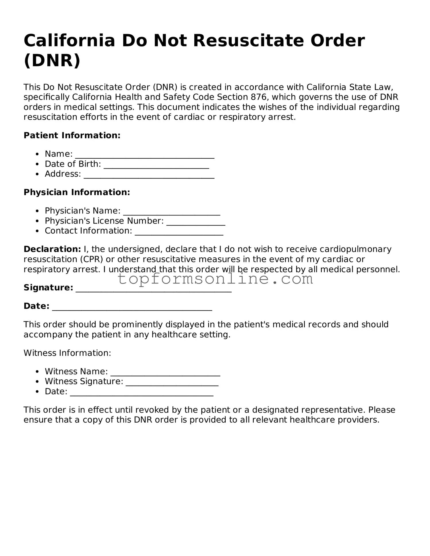 Printable California Do Not Resuscitate Order Template