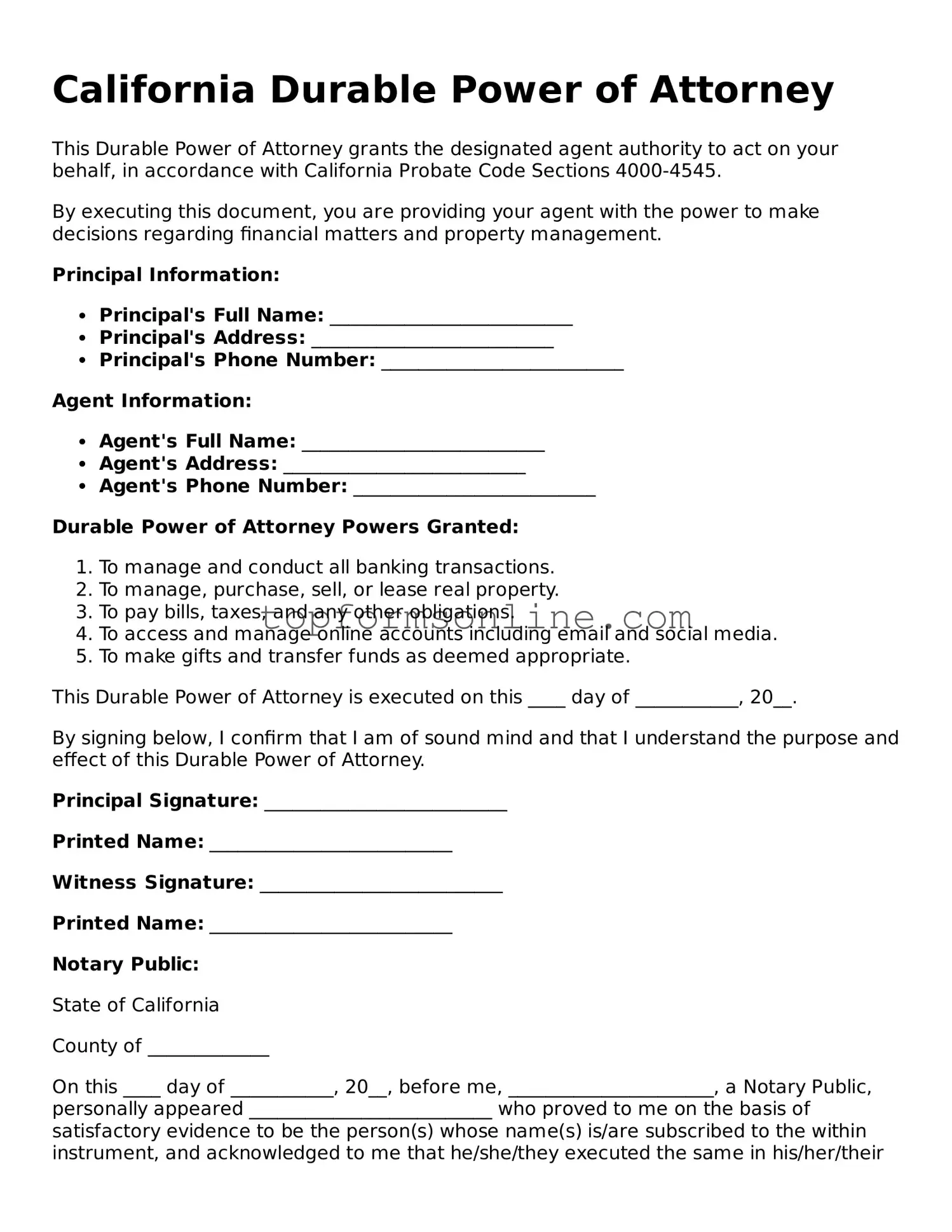Printable California Durable Power of Attorney Template