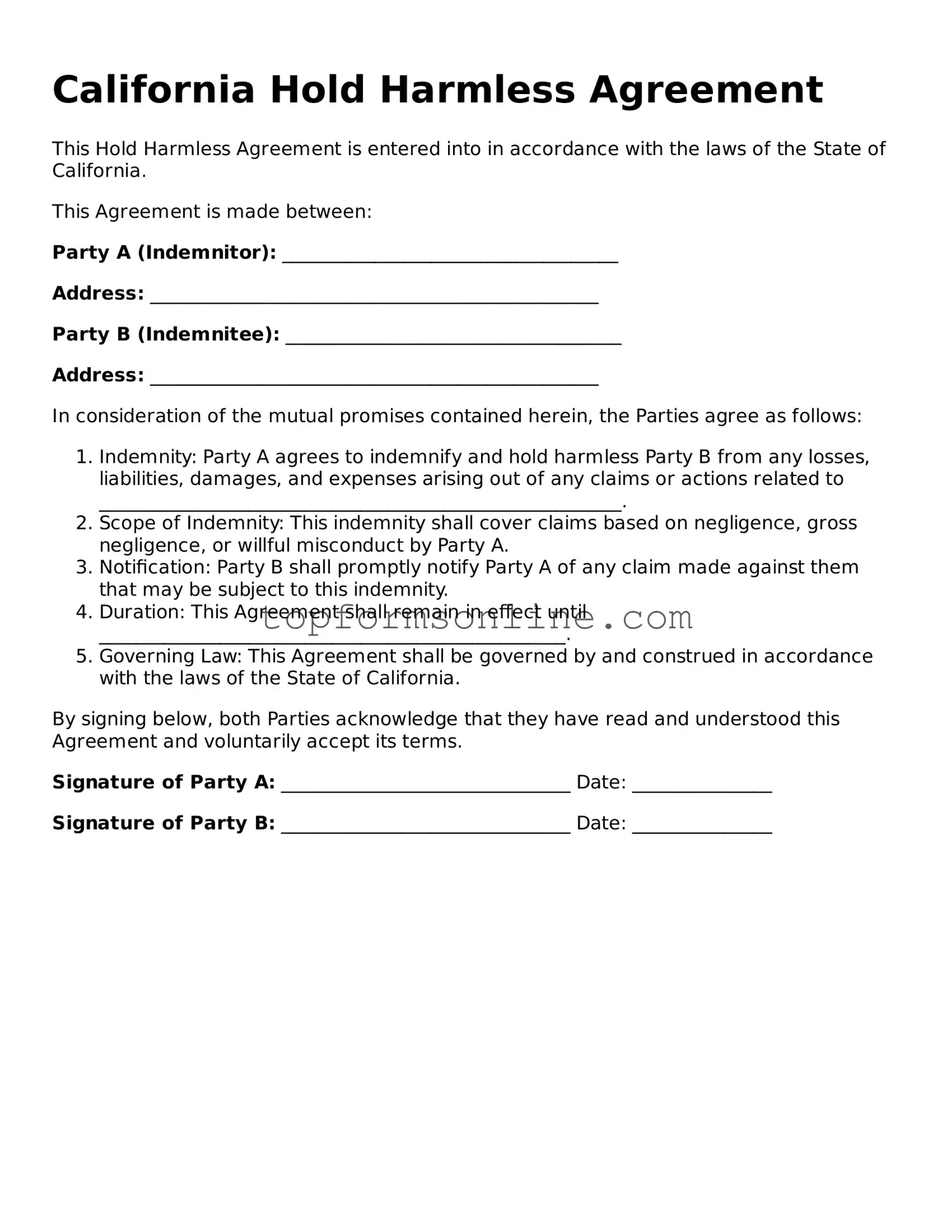 Printable California Hold Harmless Agreement Template
