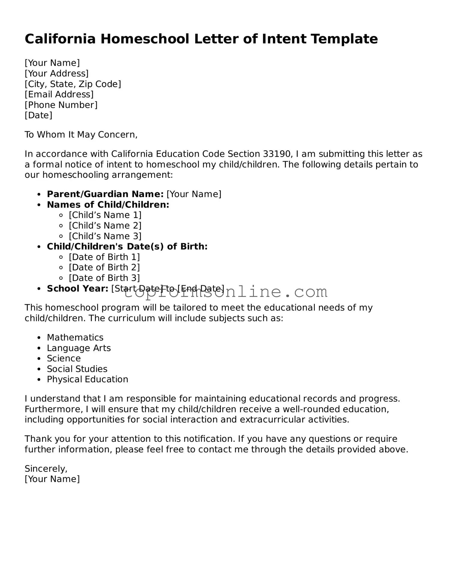 Printable California Homeschool Letter of Intent Template
