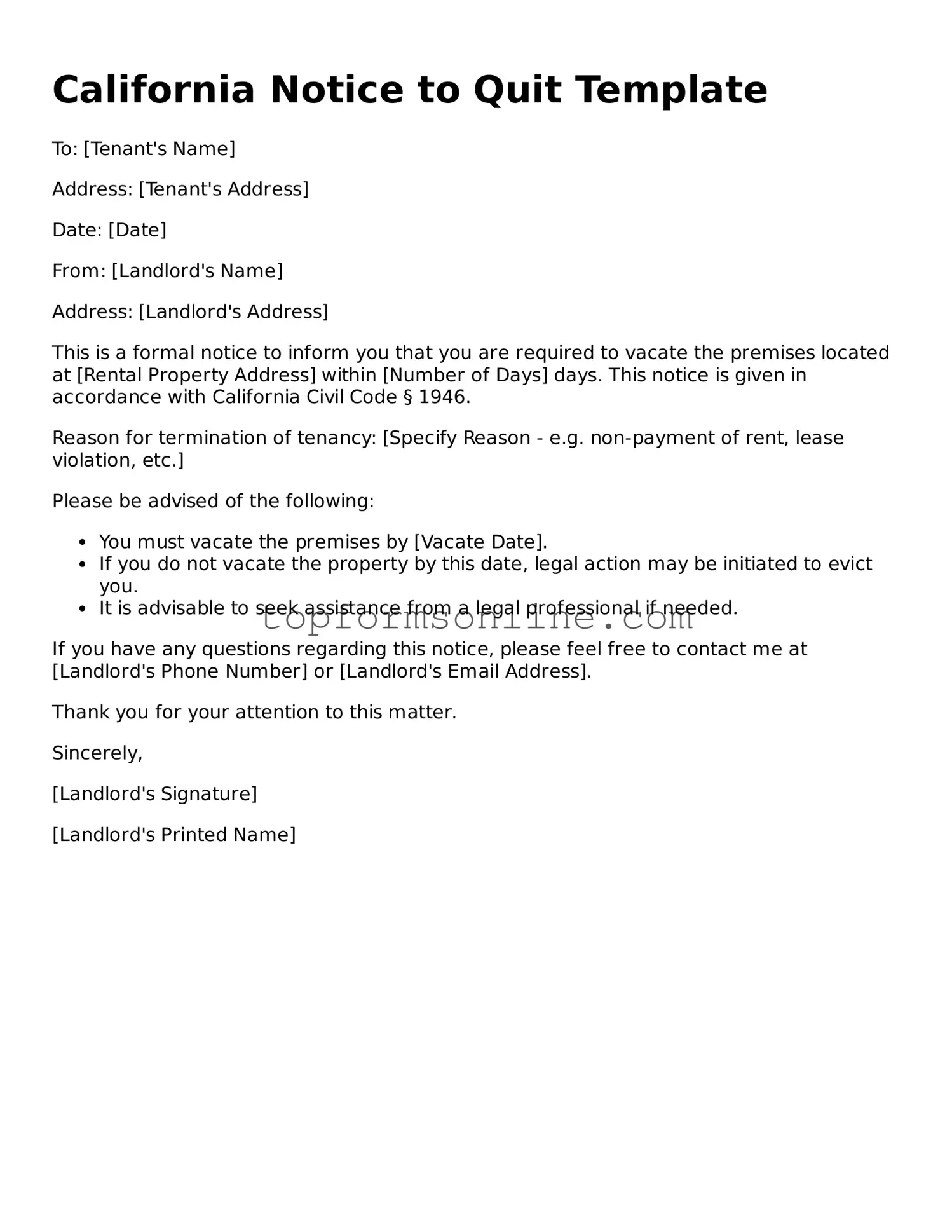 Printable California Notice to Quit Template