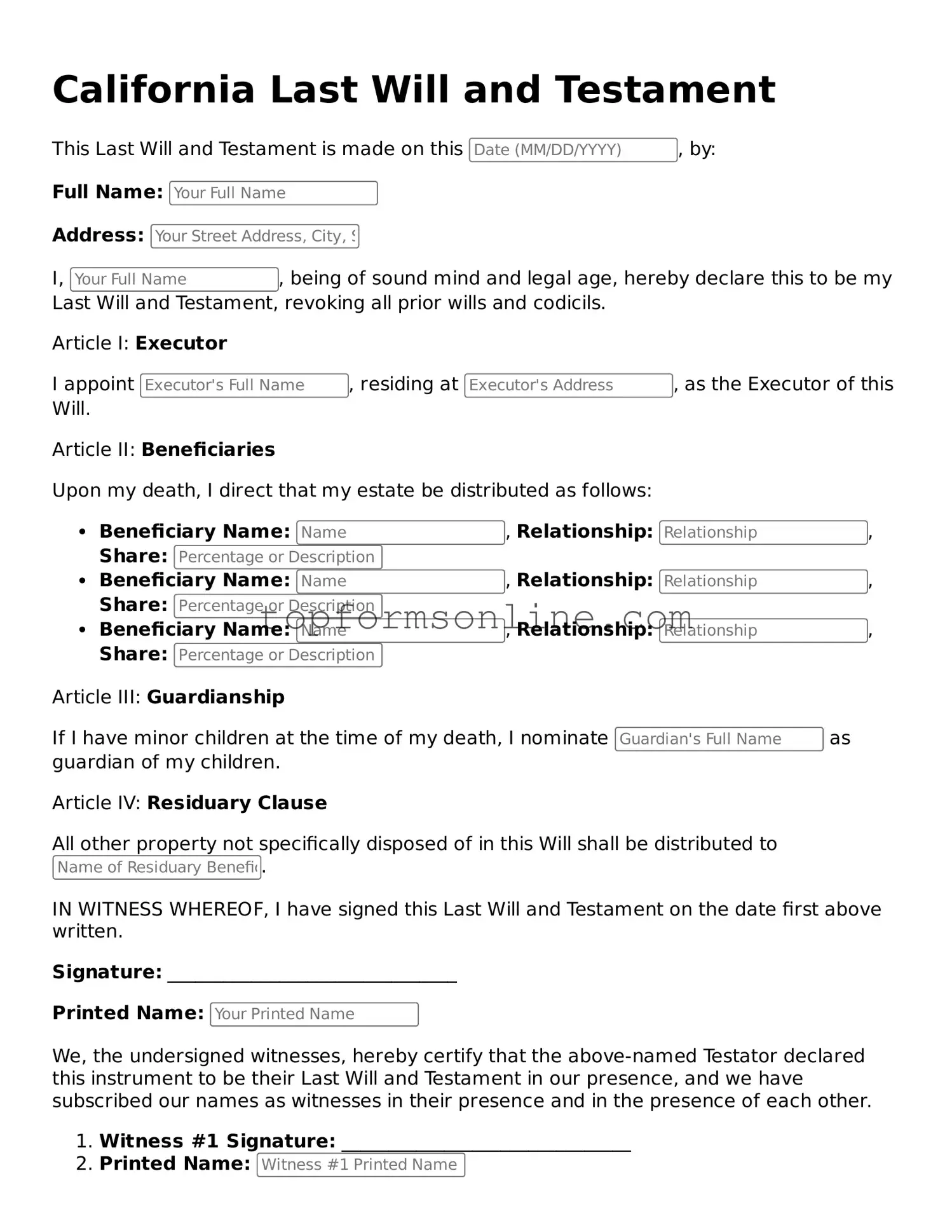 Printable California Last Will and Testament Template