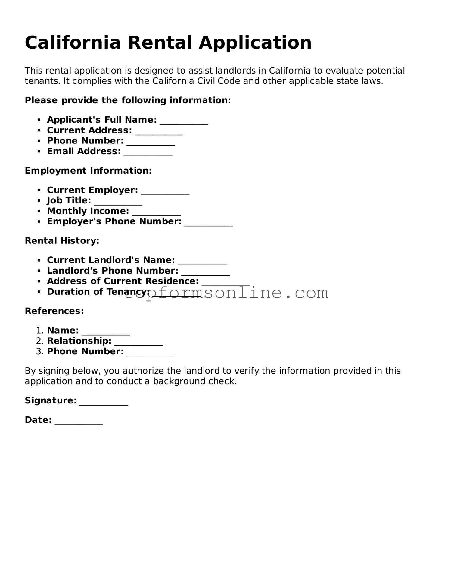 Printable California Rental Application Template