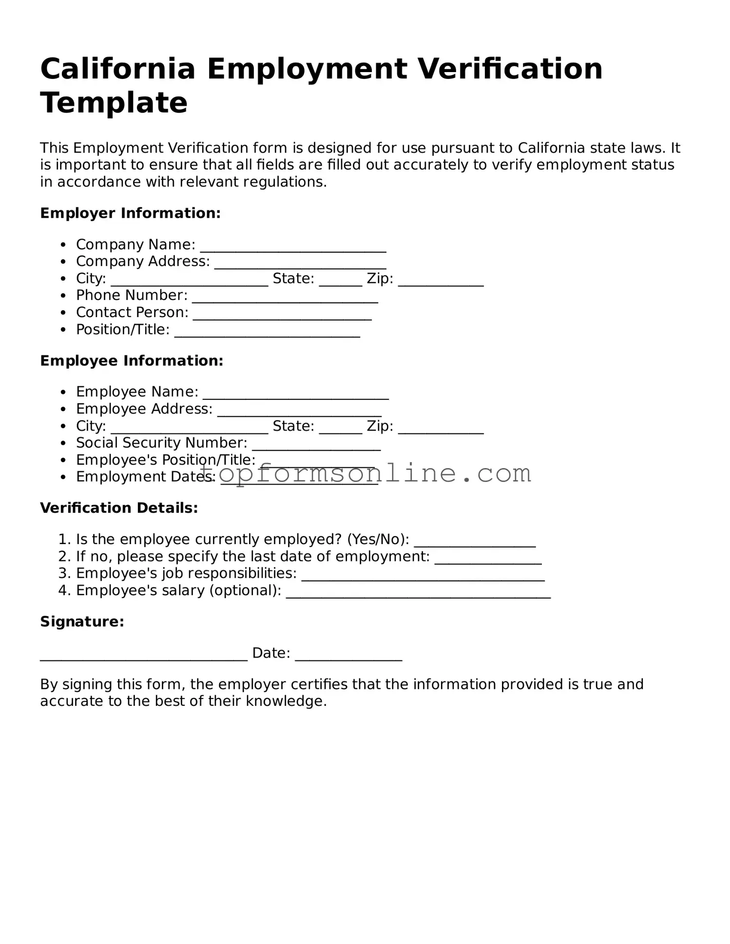 Printable California Employment Verification Template