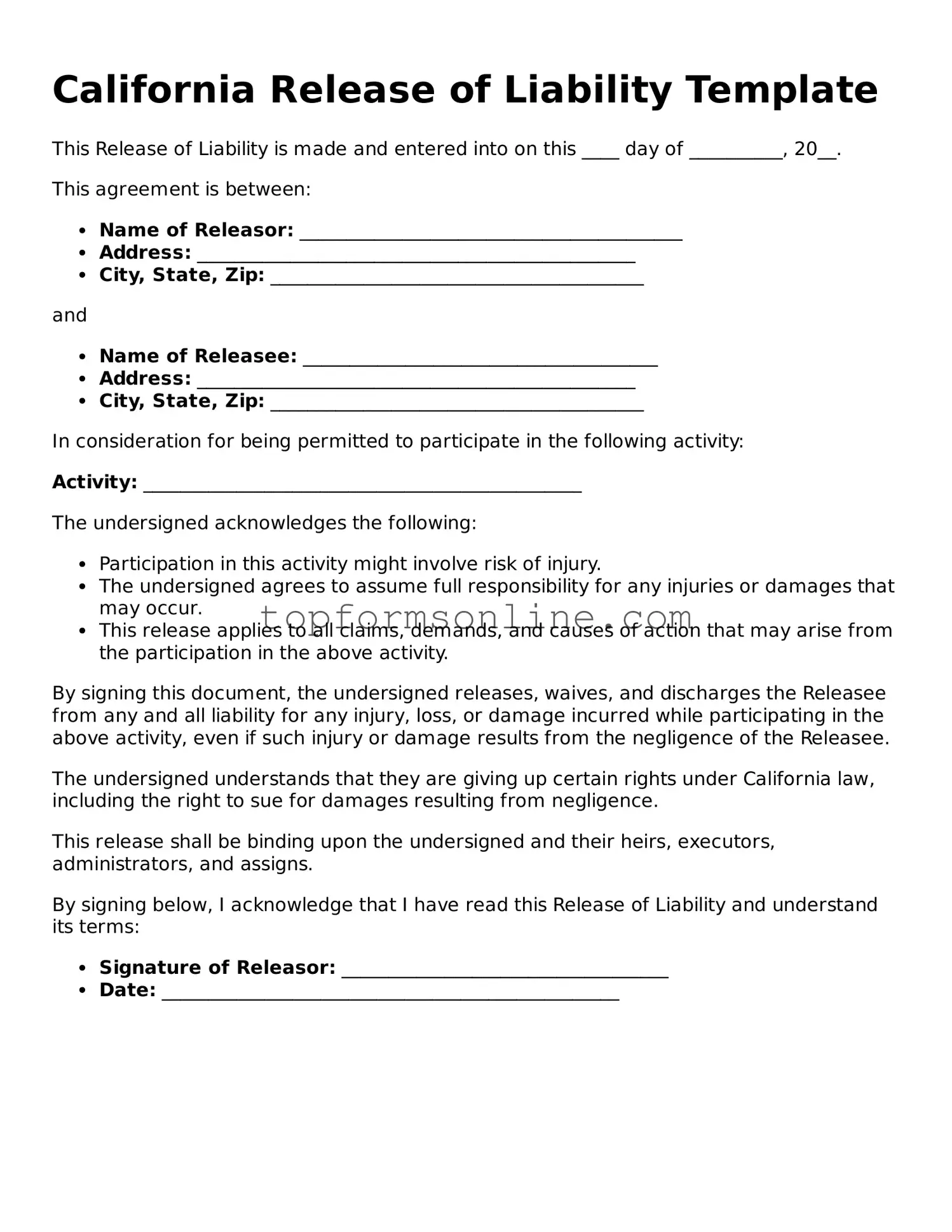 Printable California Release of Liability Template