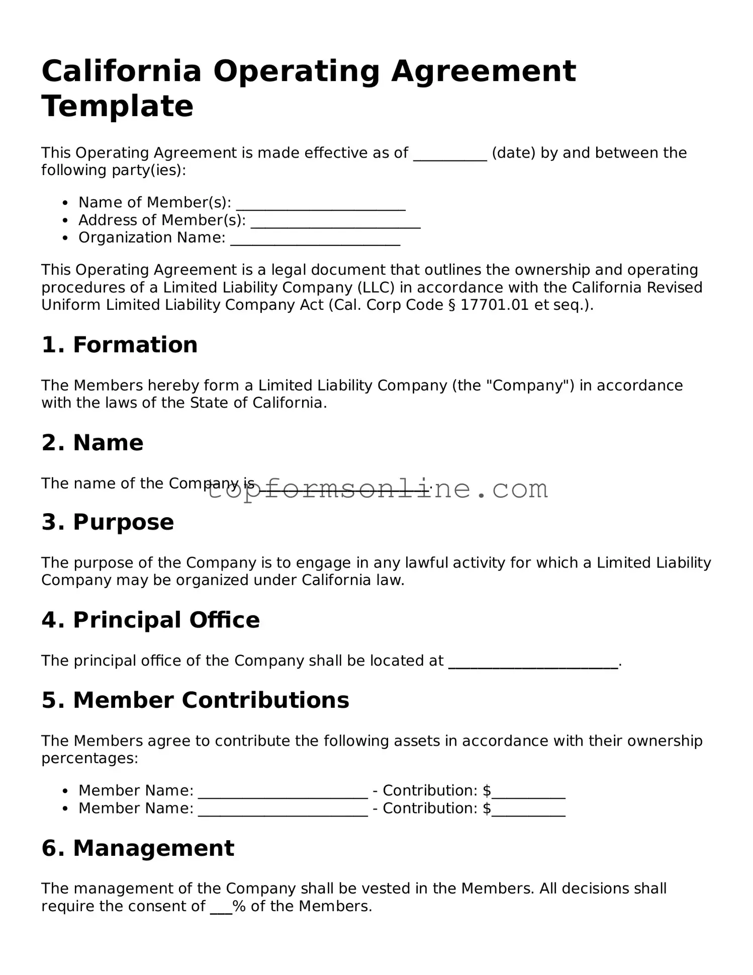 Printable California Operating Agreement Template