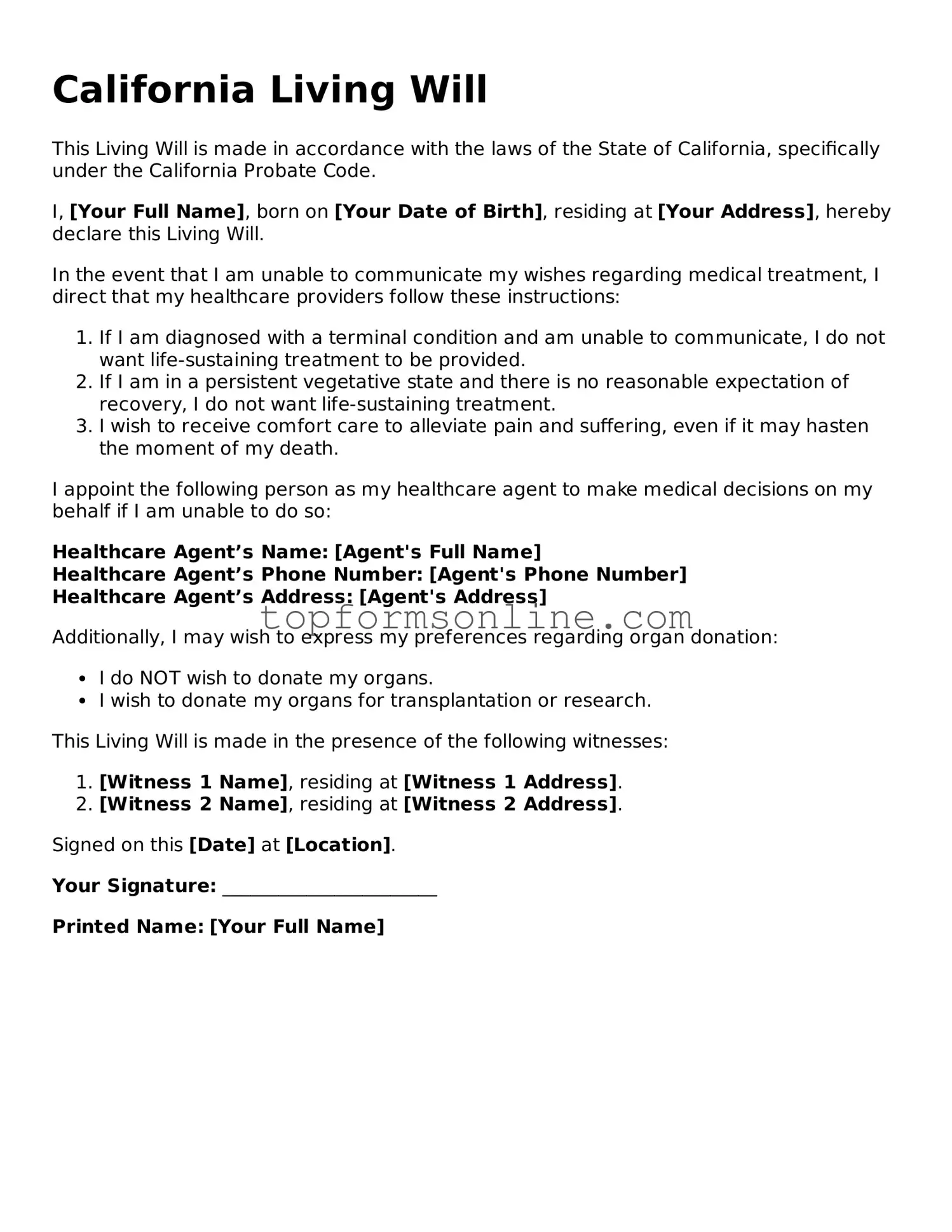Printable California Living Will Template