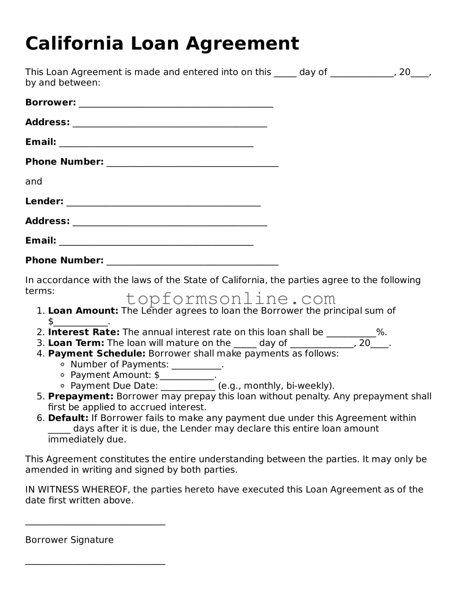 Printable California Loan Agreement Template