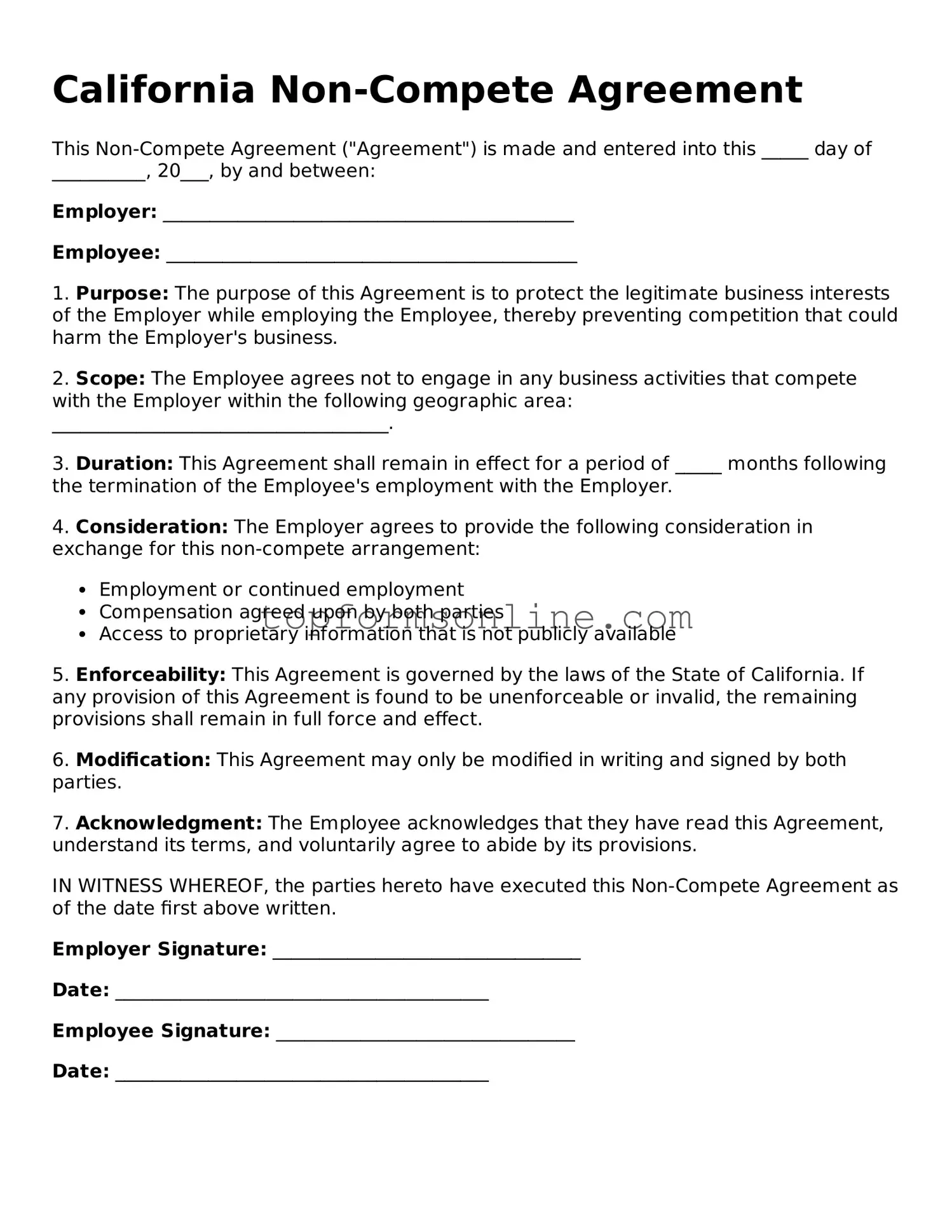 Printable California Non-compete Agreement Template