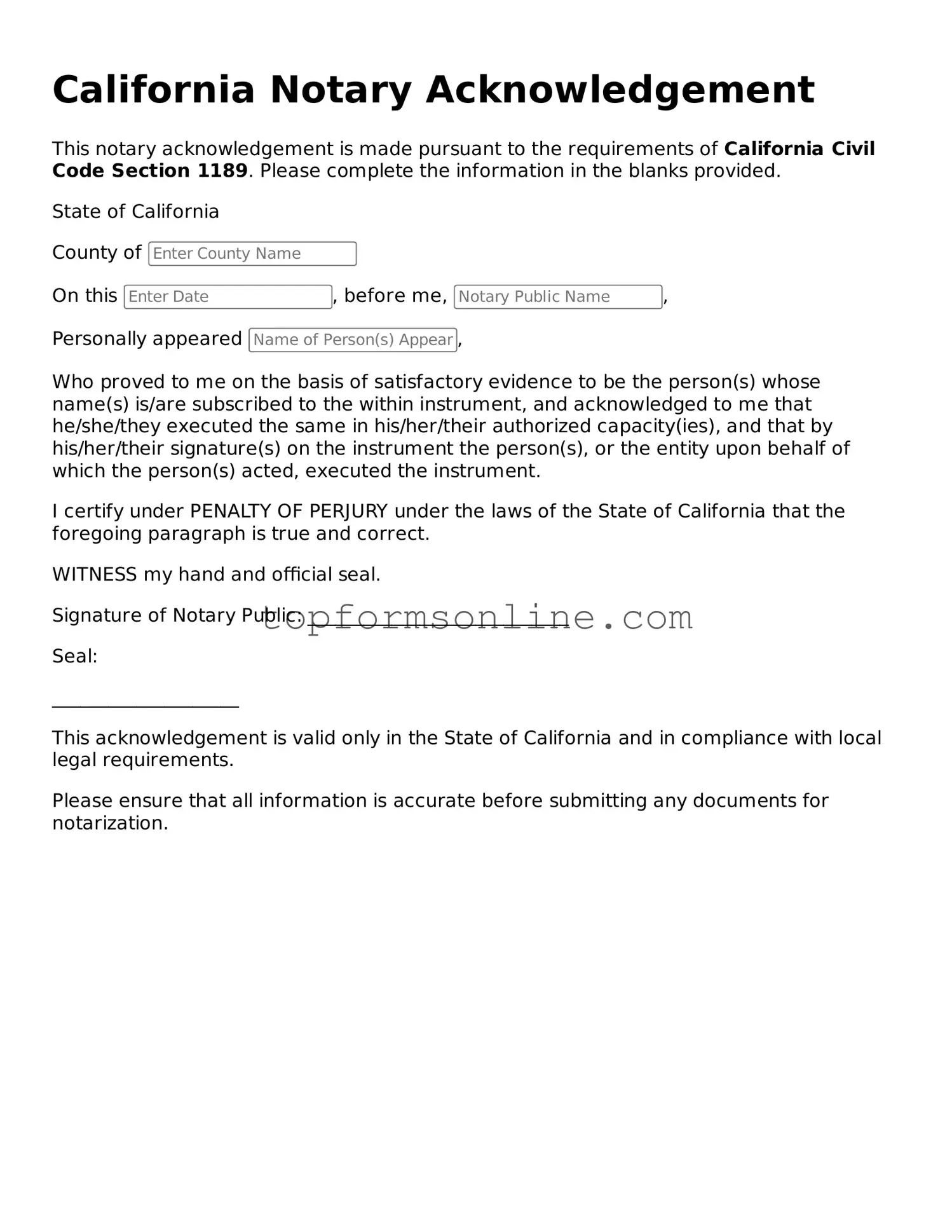 Printable California Notary Acknowledgement Template