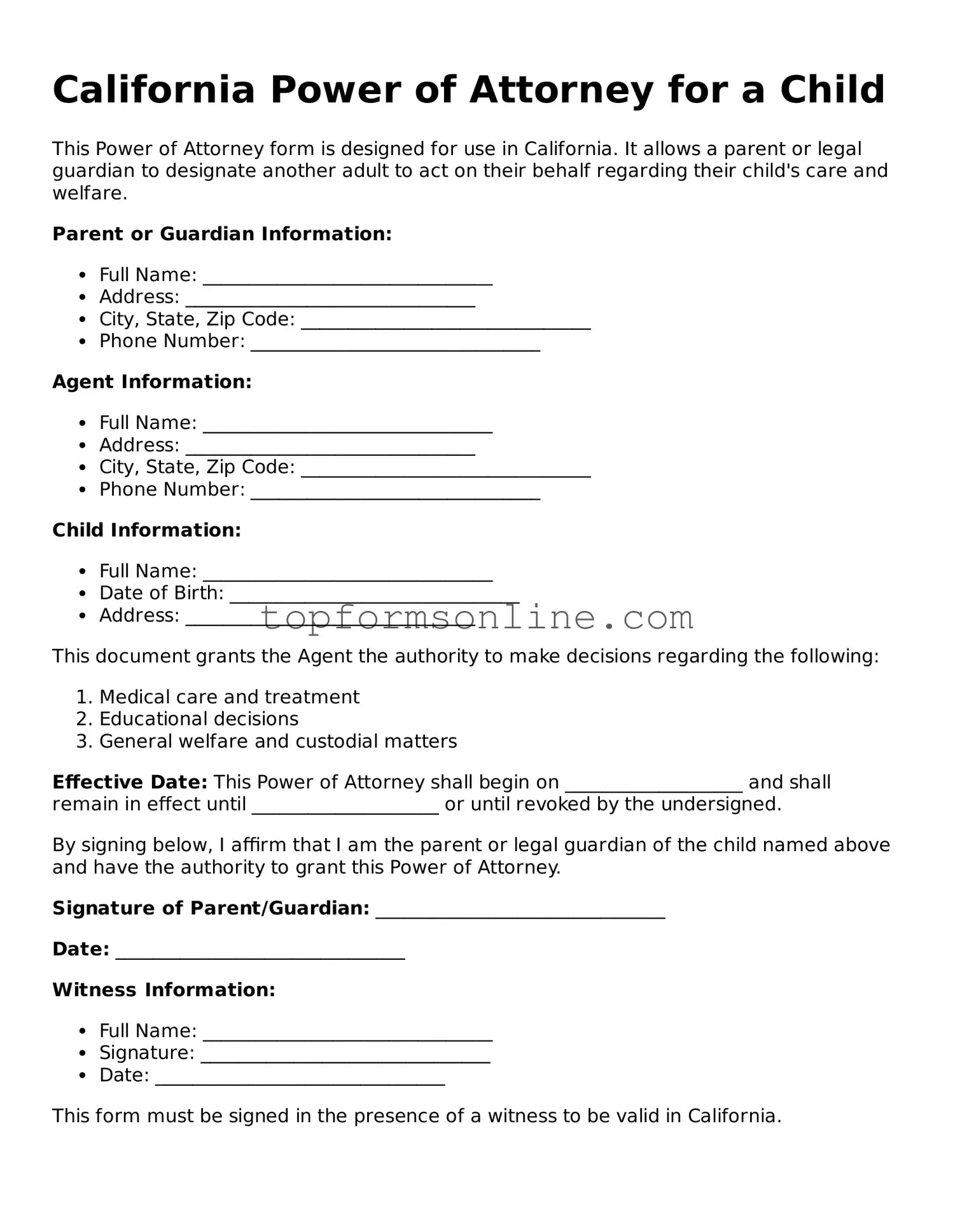 Printable California Power of Attorney for a Child Template