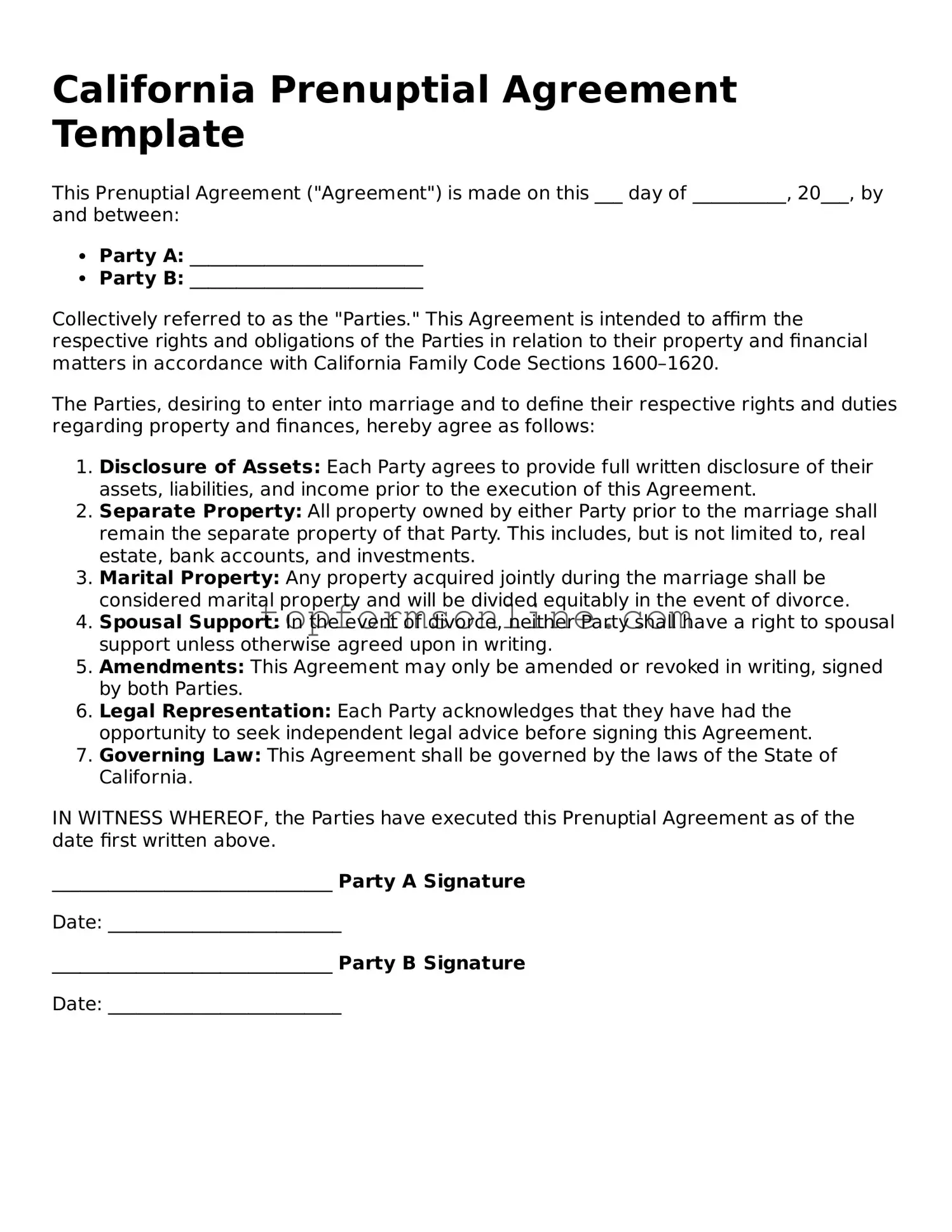 Printable California Prenuptial Agreement Template