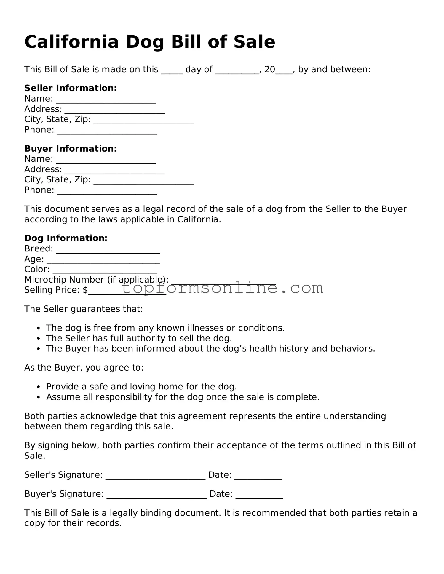 Printable California Dog Bill of Sale Template