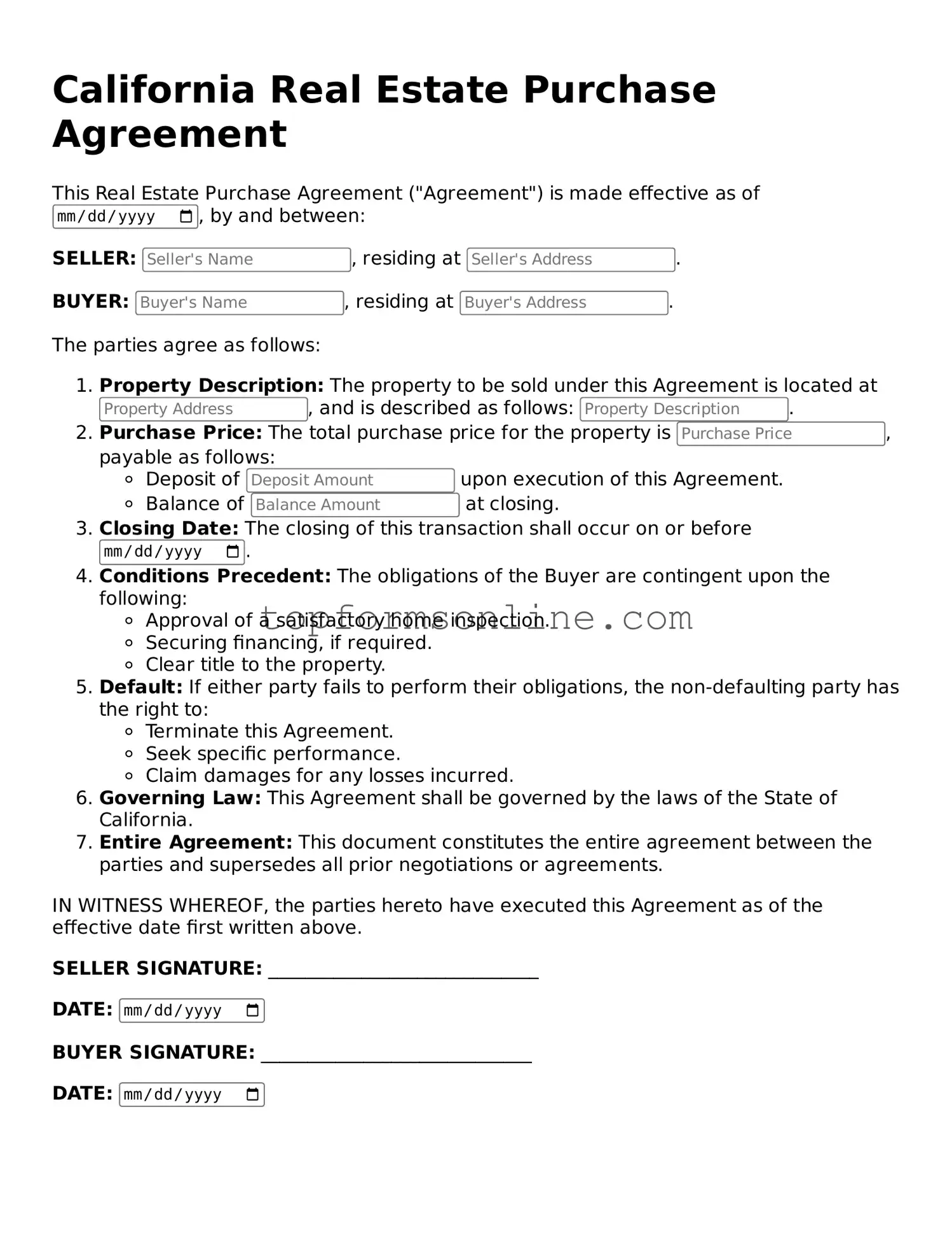 Printable California Real Estate Purchase Agreement Template