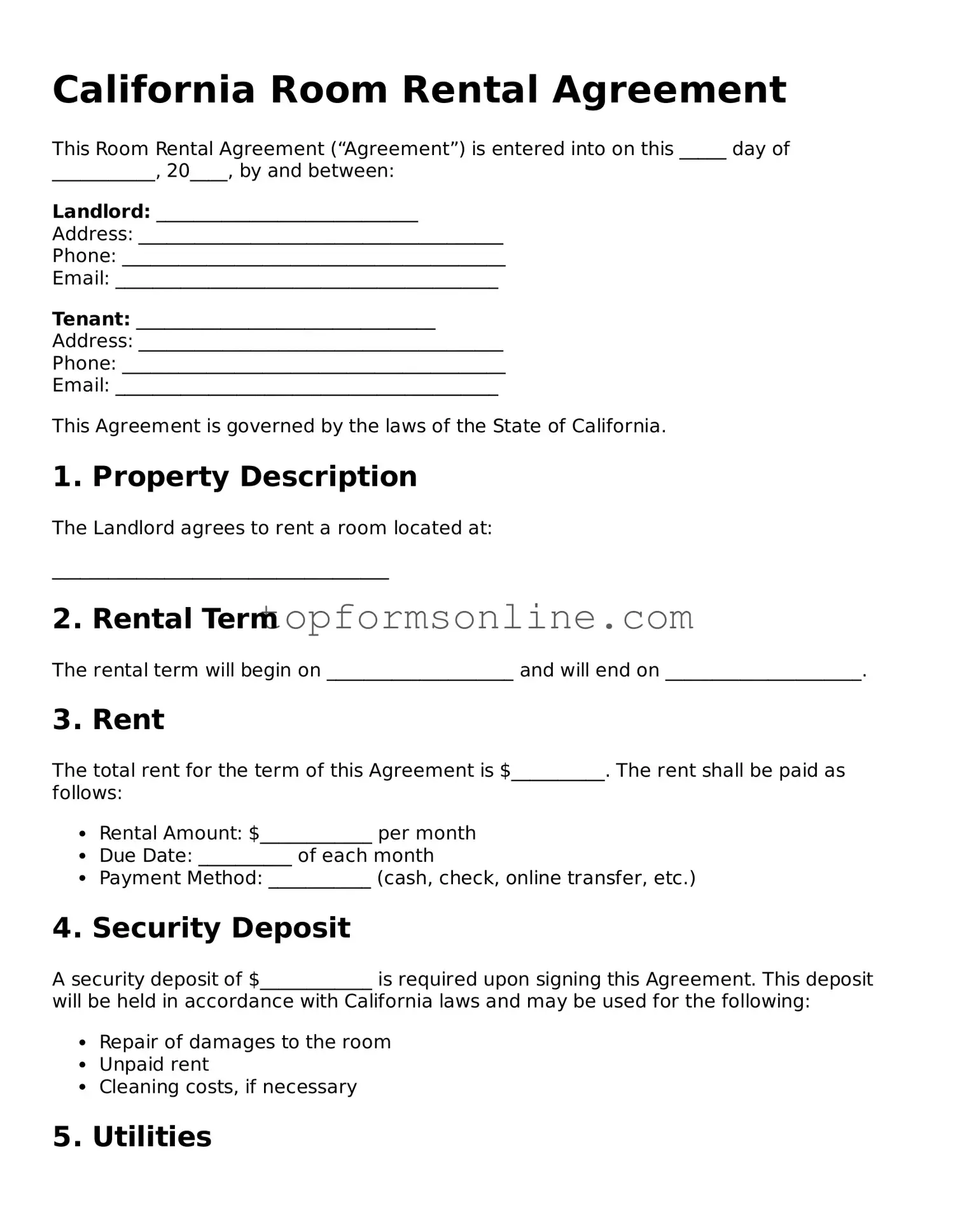 Printable California Room Rental Agreement Template