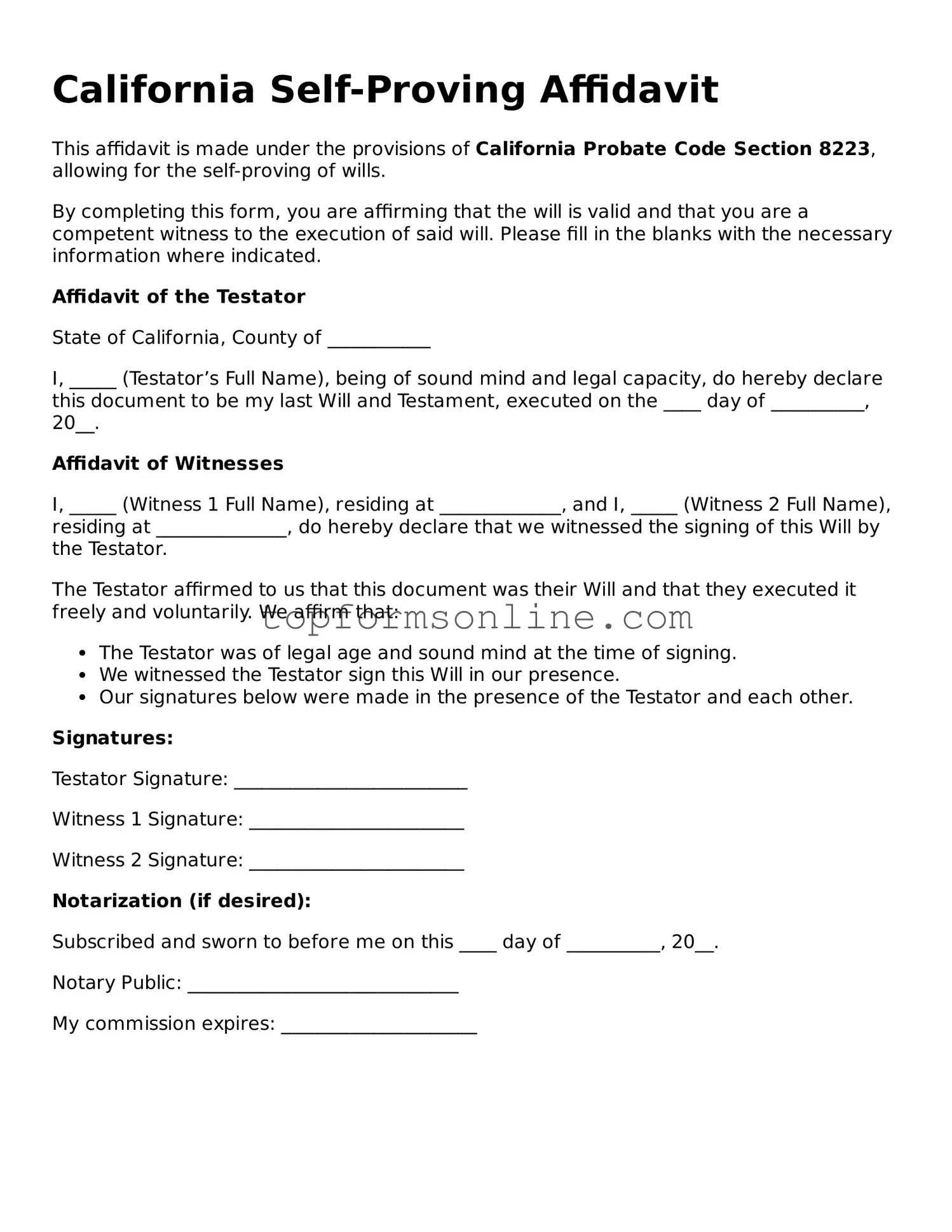 Printable California Self-Proving Affidavit Template