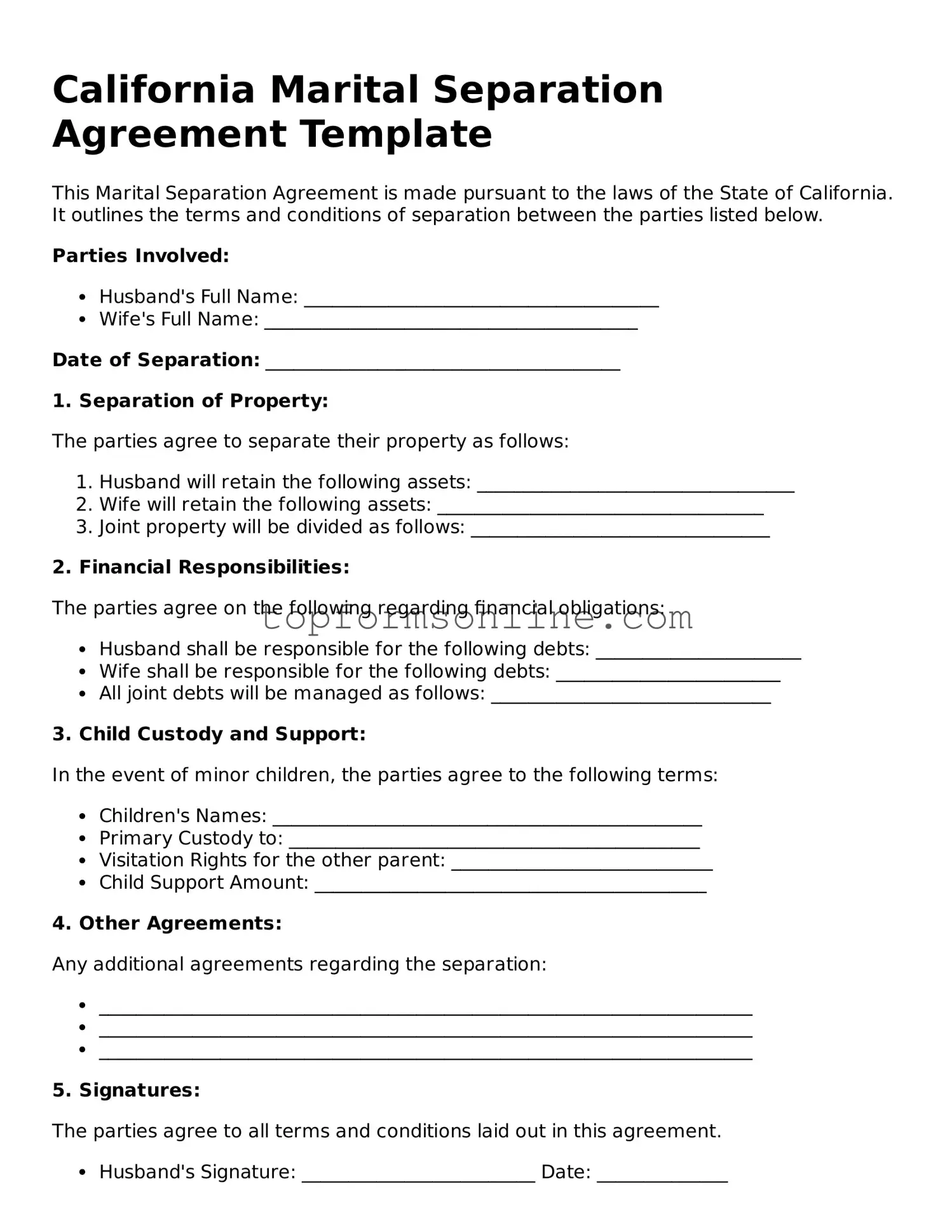Printable California Marital Separation Agreement Template